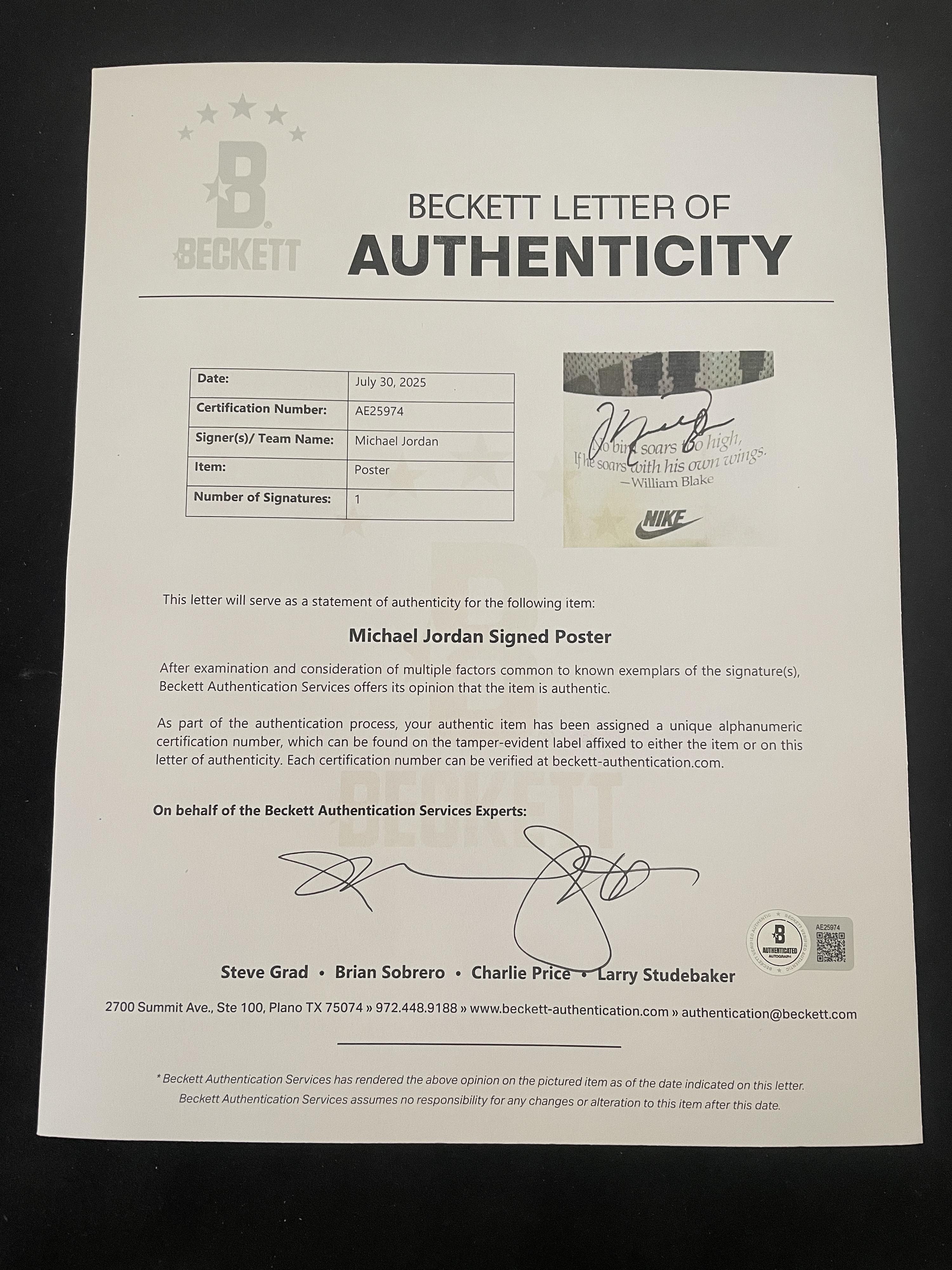 A Michael Jordan Signed Autograph Original Nike Wings Poster (Beckett Authentication Services Letter)