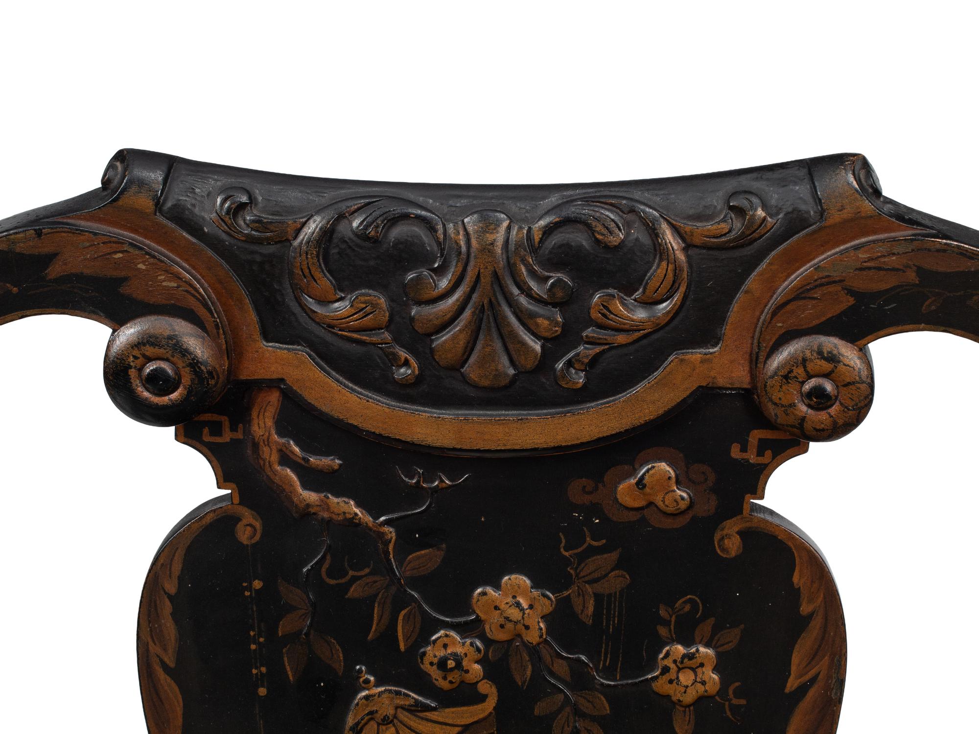 A Pair of Queen Anne Style Black-Japanned Armchairs