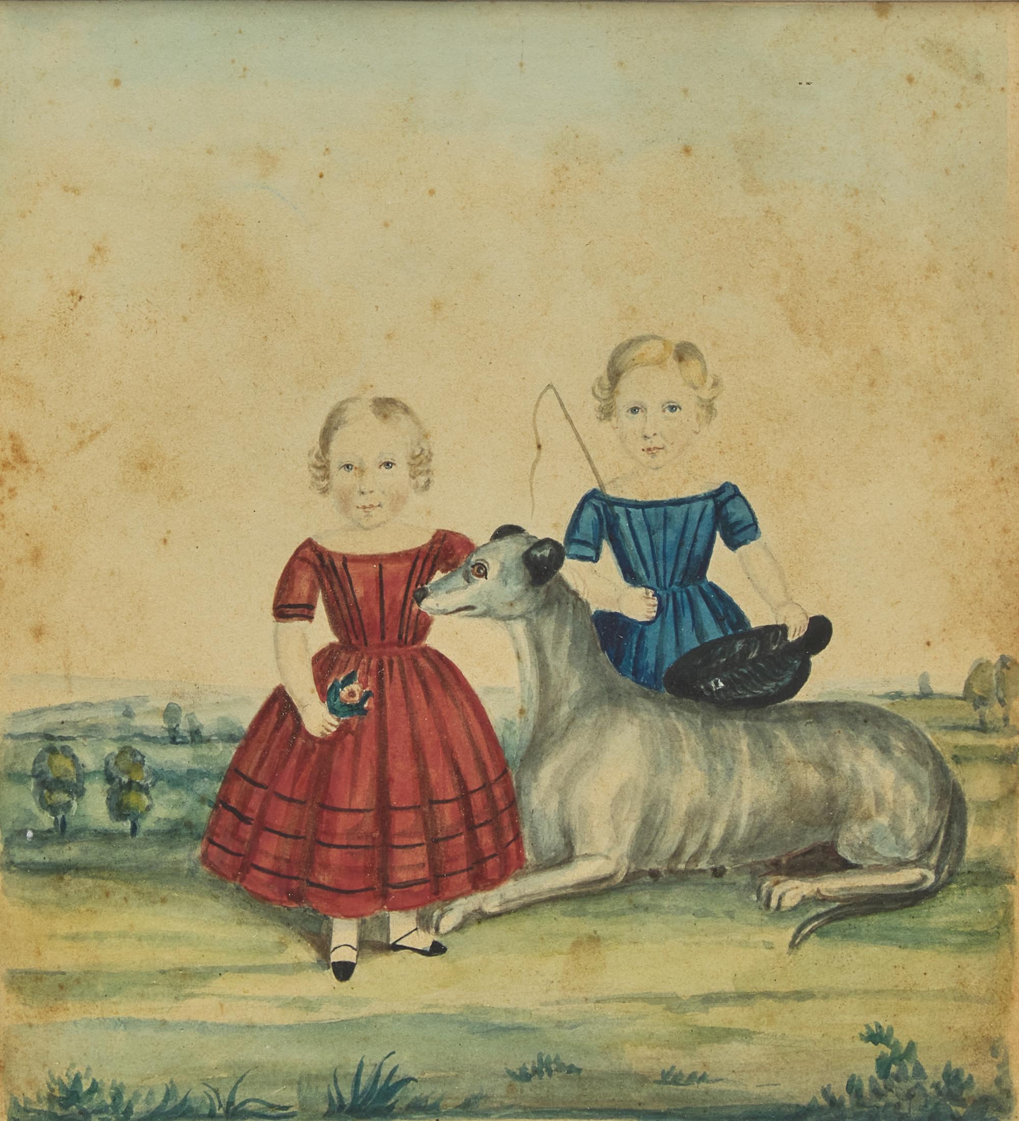 English School 19th Century, A Portrait of a Young Boy and Girl with Pet Dog