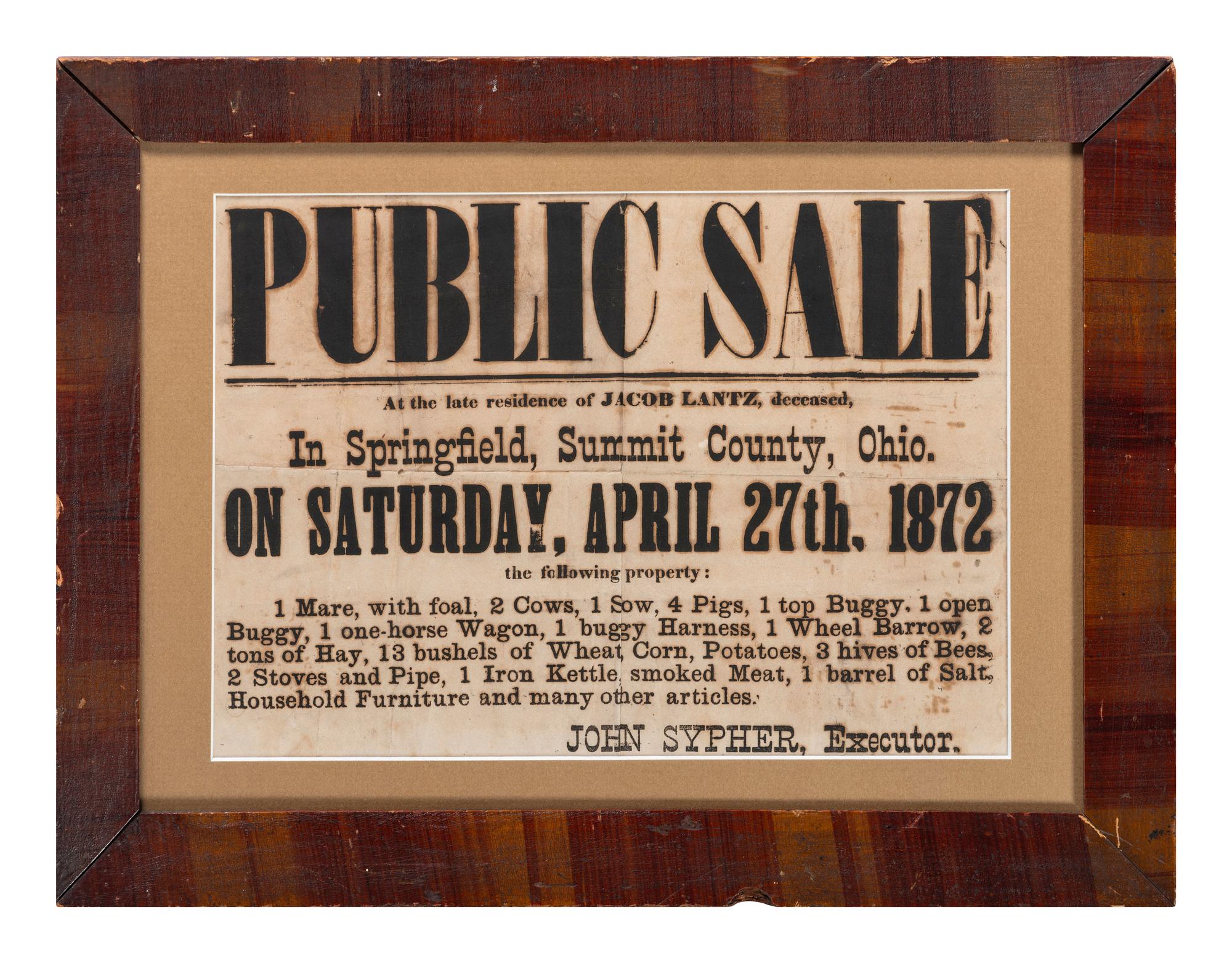 A Printed Auction Broadside Promoting a Farm Auction