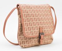 A Fendi Peach and Beige Monogram Canvas Cross Body Bag, 9" x 9" x. 5"; Strap drop: 20".