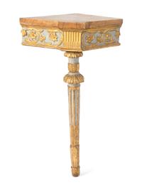 A Pair of Italian Carved, Painted and Giltwood Corner Console Tables