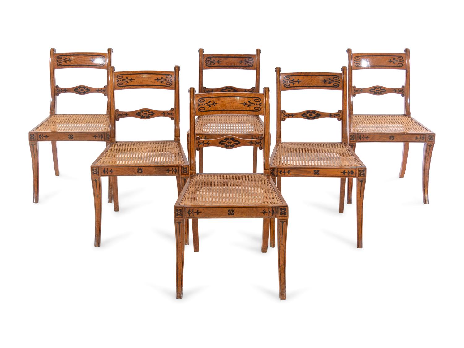 A Set of Six Continental Ebony Inlaid Fruitwood Dining Chairs