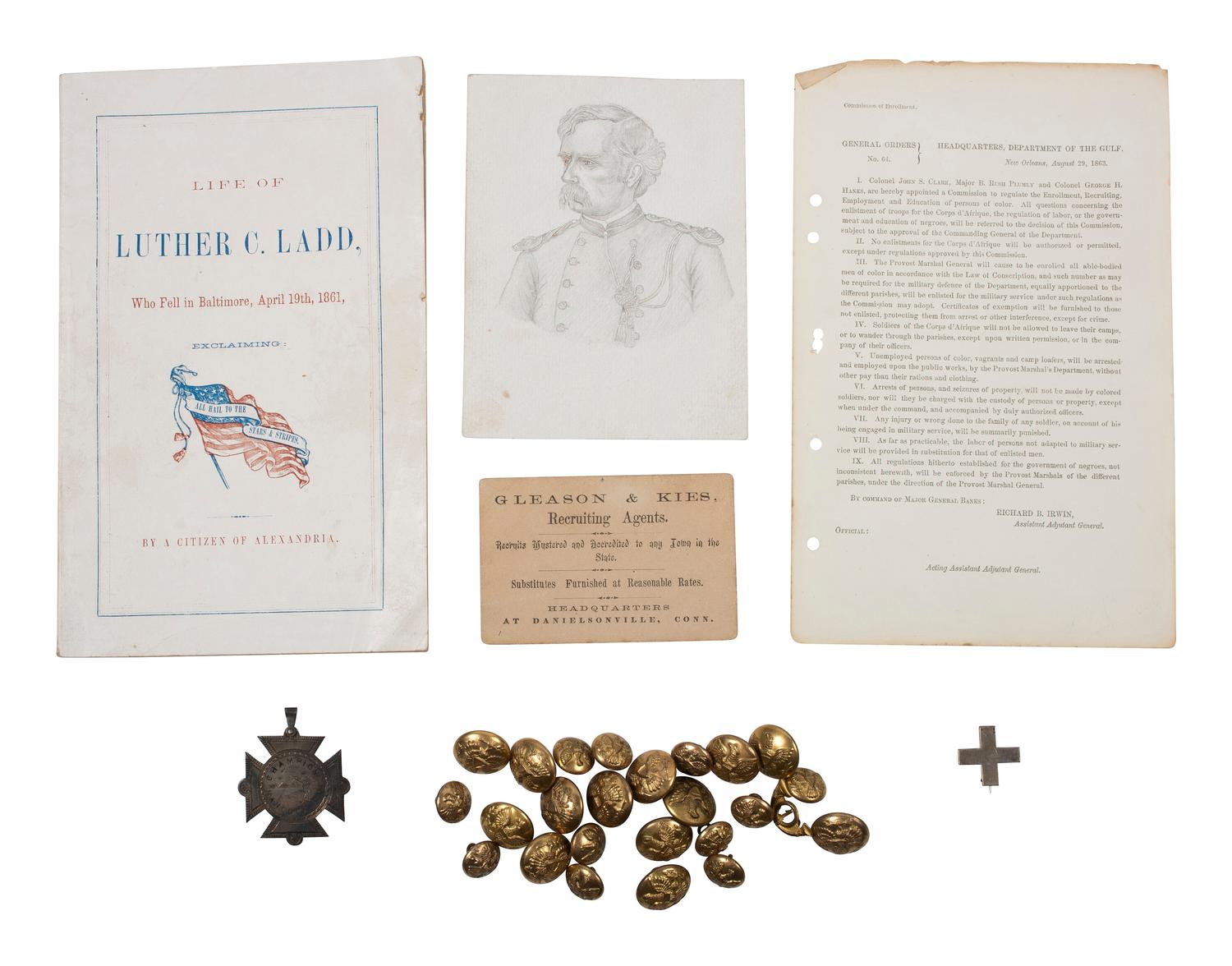 [CIVIL WAR]. A group of period items including corps badge, buttons, books, escutcheon, and more.
