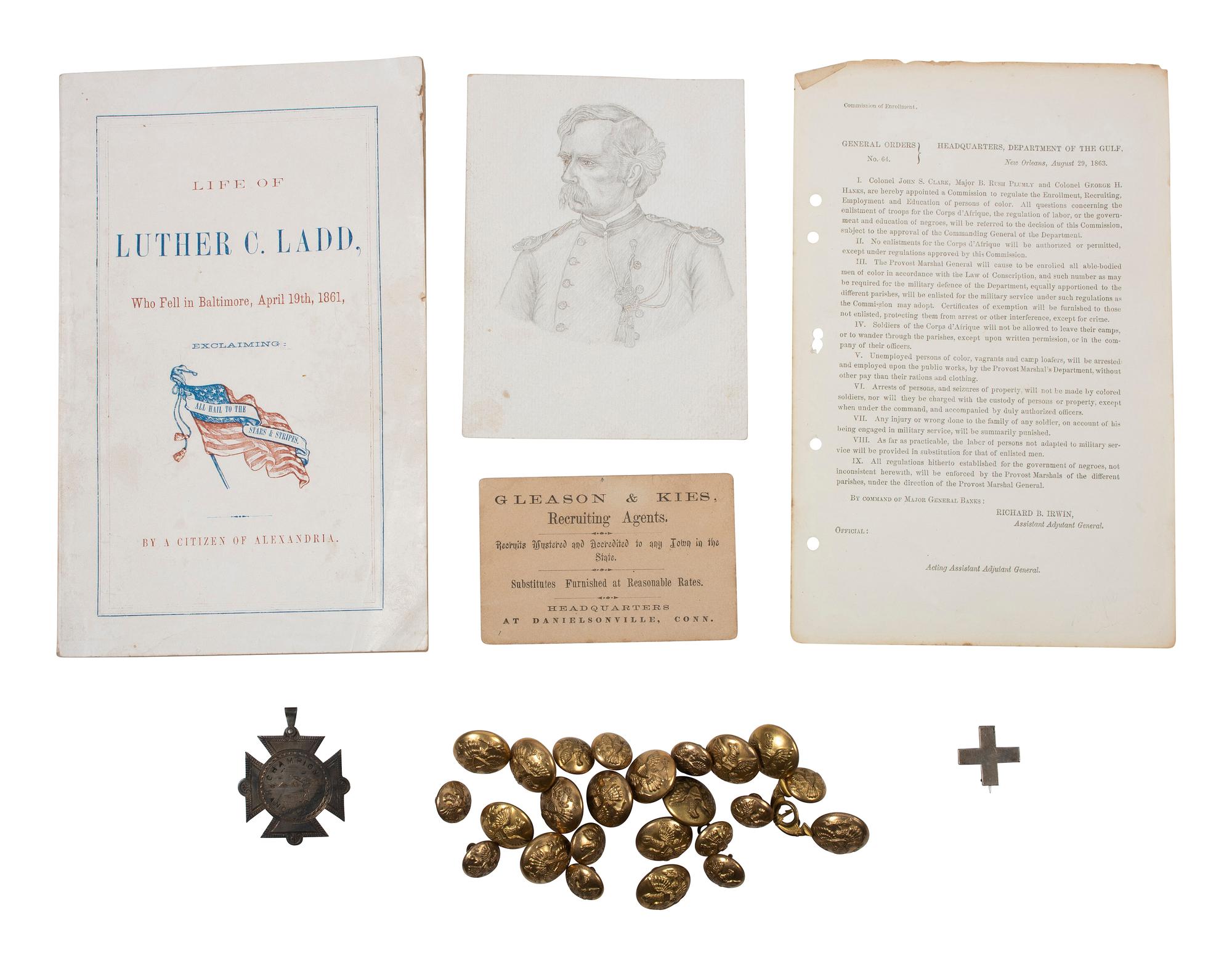 [CIVIL WAR]. A group of period items including corps badge, buttons, books, escutcheon, and more.