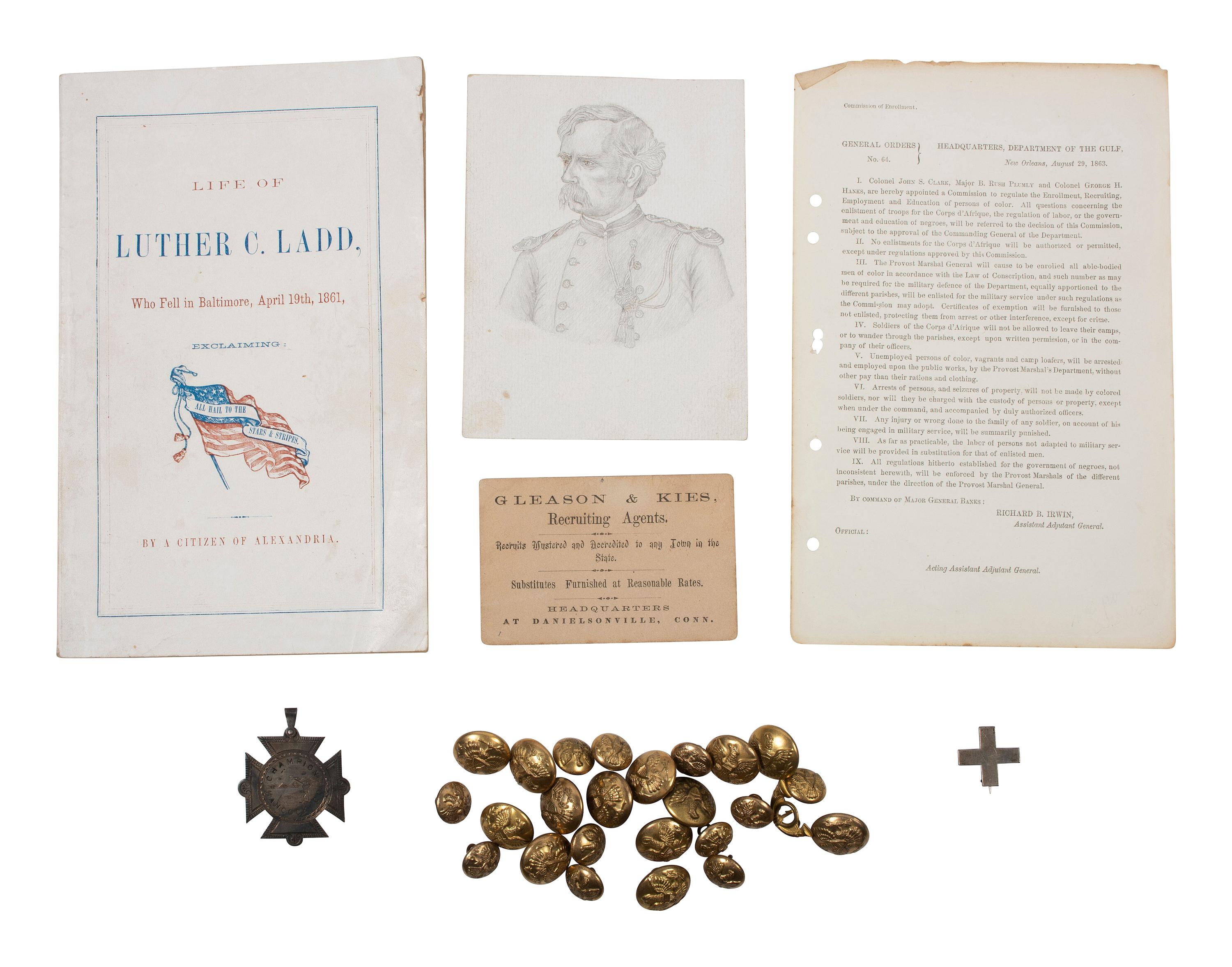 [CIVIL WAR]. A group of period items including corps badge, buttons, books, escutcheon, and more.