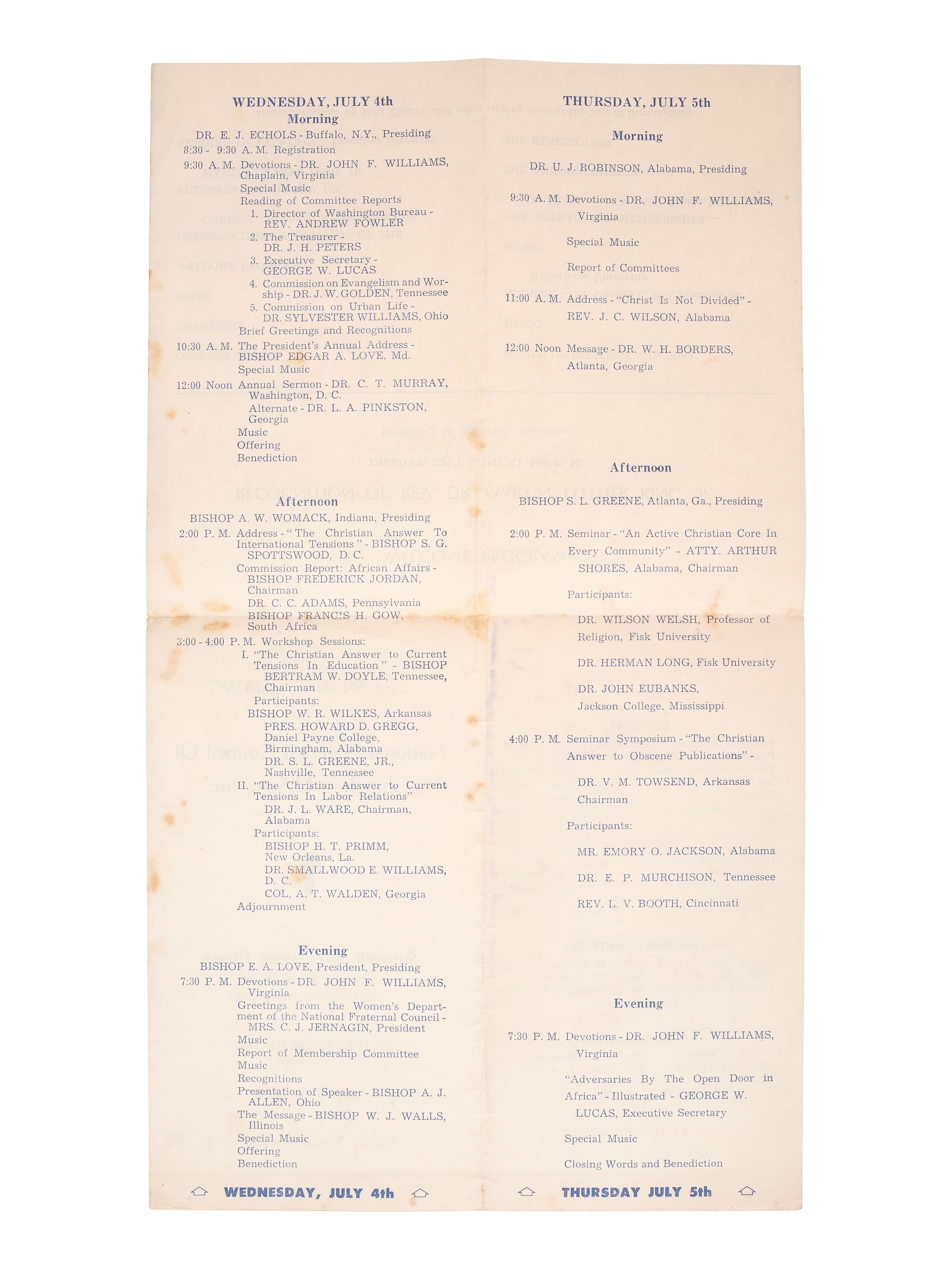 [KING, Martin Luther, Jr. (1929-1968)]. A group of 4 programs from events featuring or honoring Dr. Martin Luther King, Jr. 1956-1965.