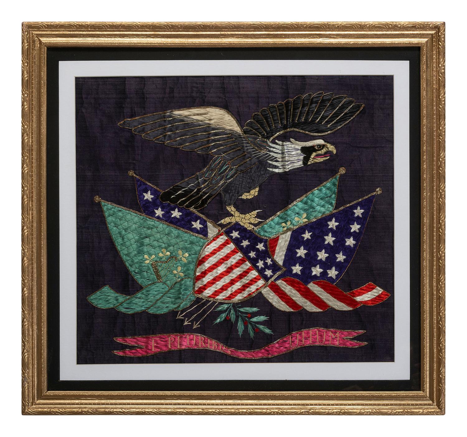 A Japanese Export Metallic Thread Embroidered Silk American Eagle Crest
