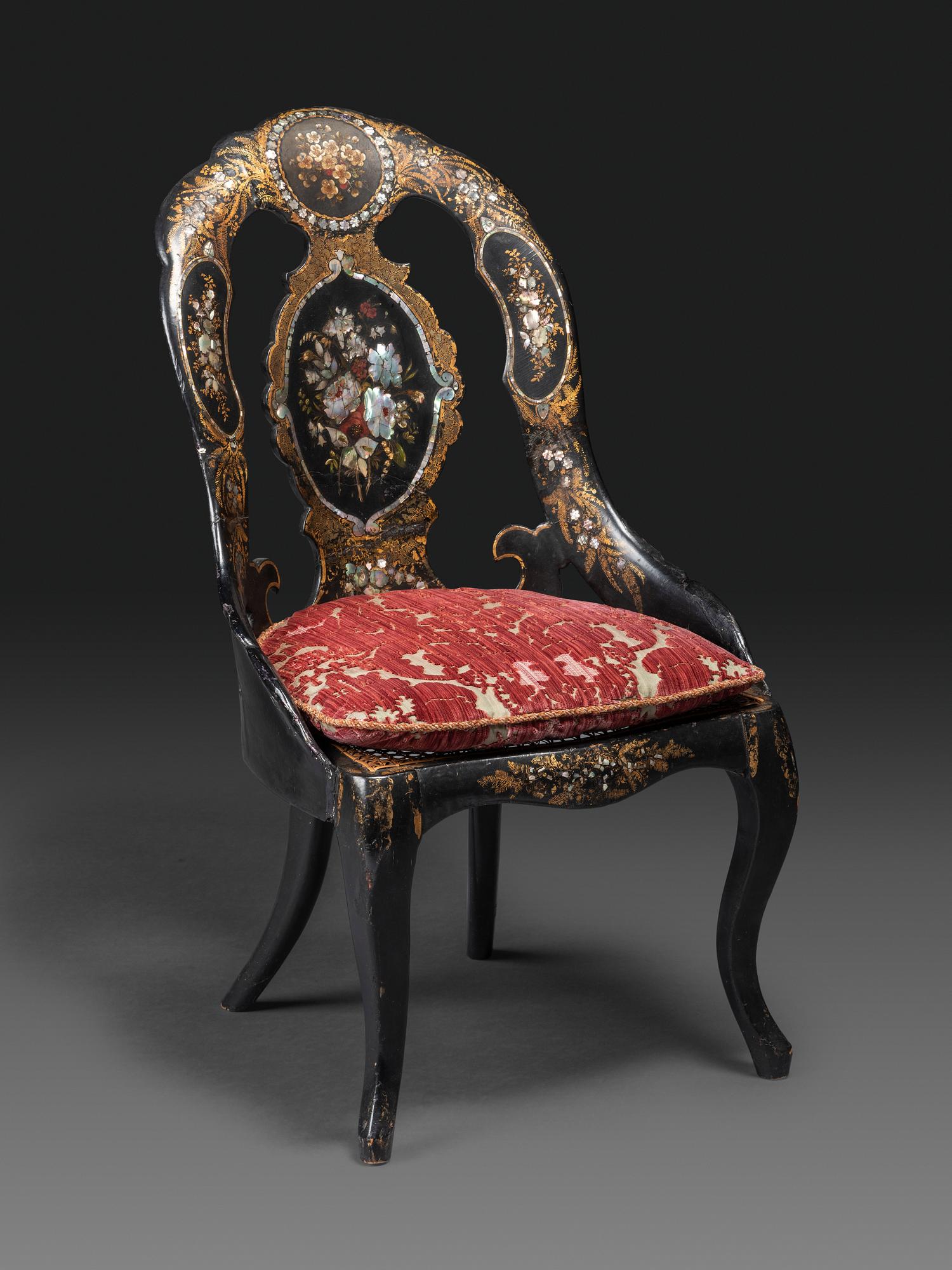 A Victorian Parcel-Gilt and Black Lacquered Mother-of-Pearl Inlaid Side Table and Side Chair