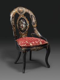 A Victorian Parcel-Gilt and Black Lacquered Mother-of-Pearl Inlaid Side Table and Side Chair