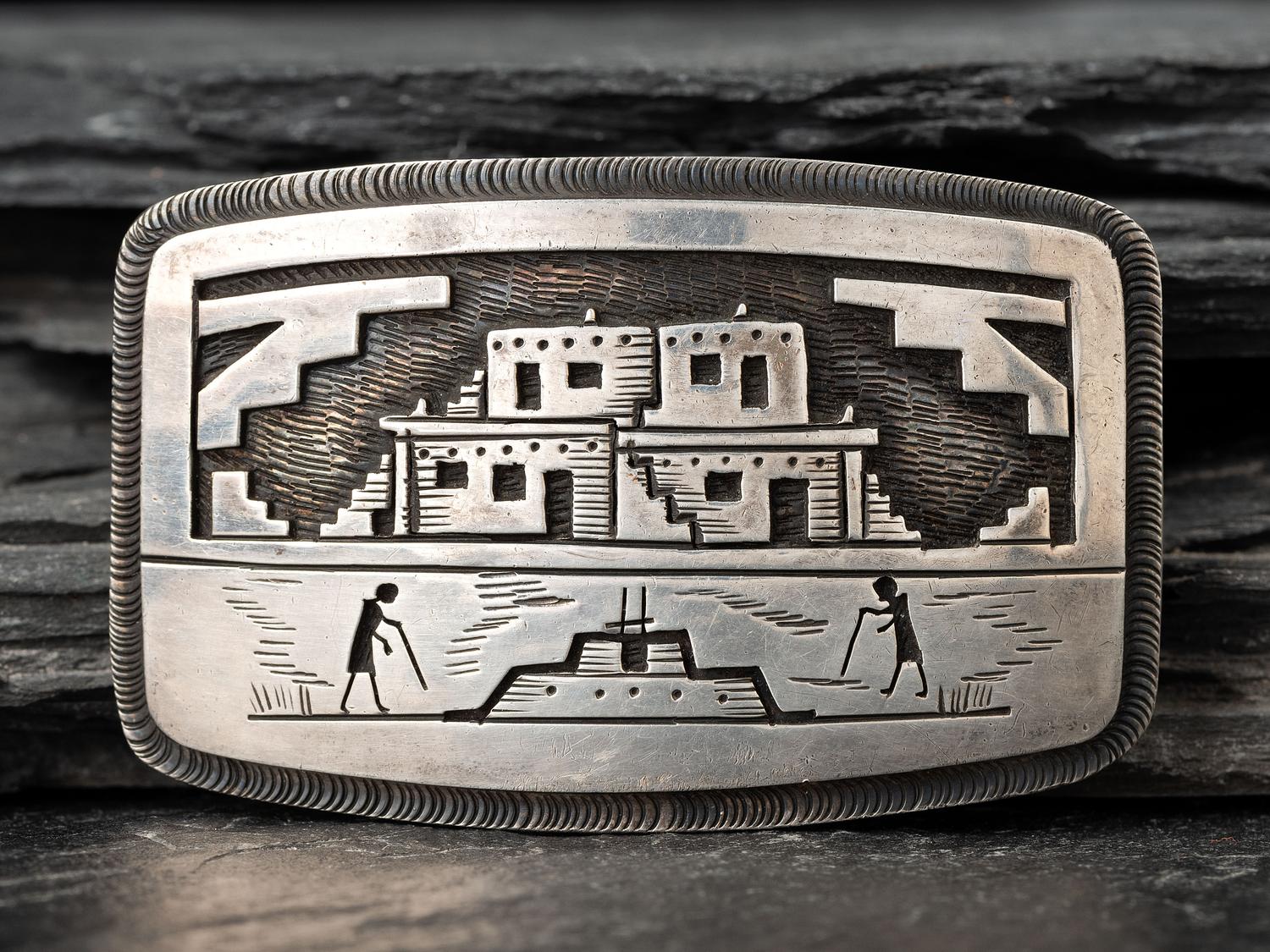 Sterling Silver Overlay Belt Buckle, with Pueblo Seen