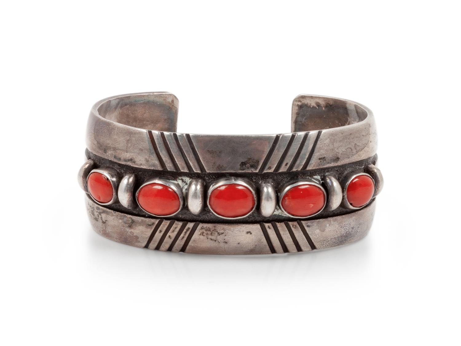 Sterling Silver and Coral Cuff Bracelet