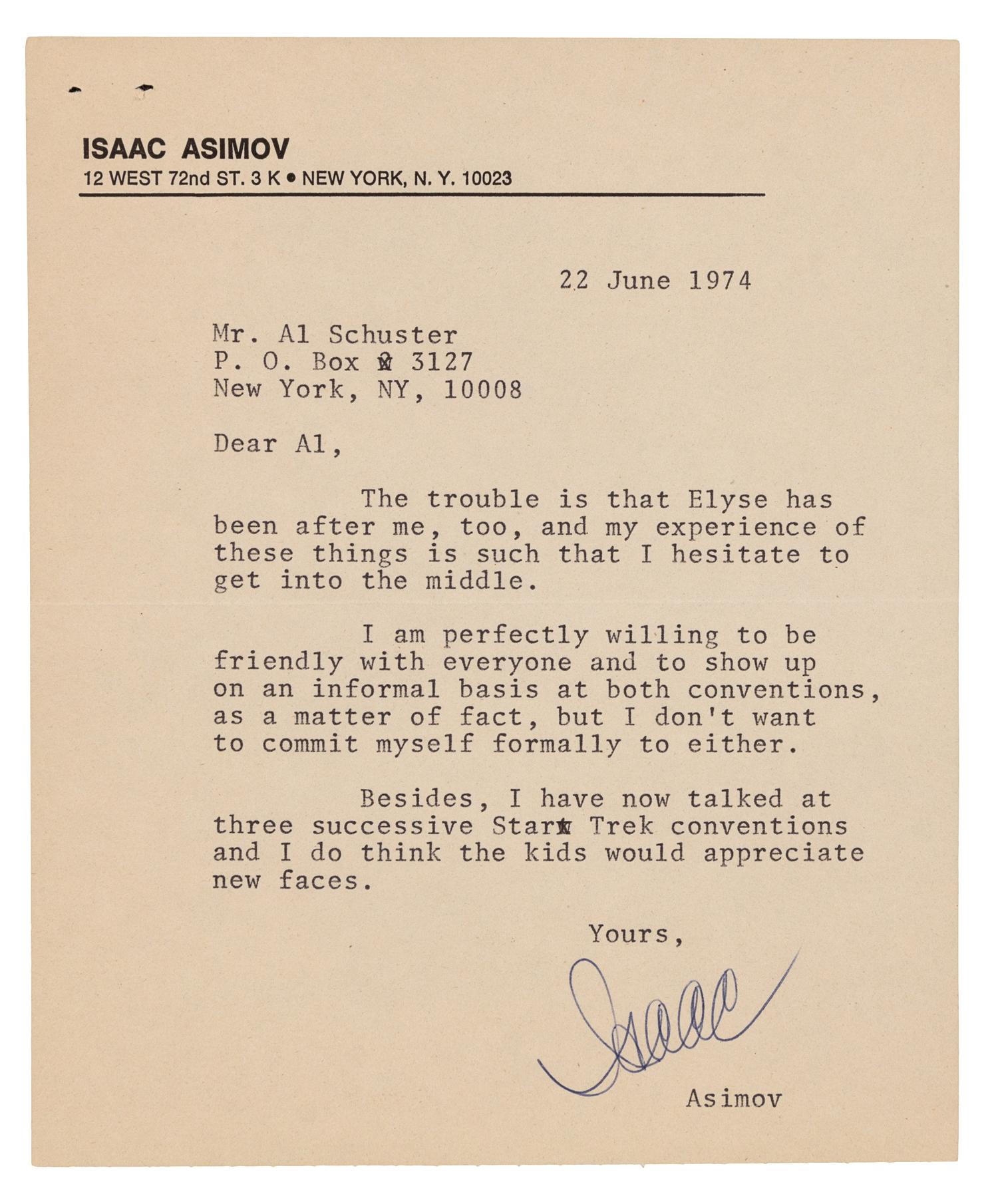 [ASIMOV, Isaac (1920-1992).] 2 autograph letters signed and one document signed by Asimov, comprising: