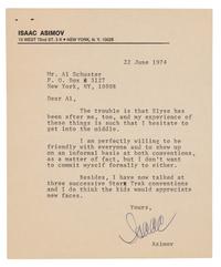 [ASIMOV, Isaac (1920-1992).] 2 autograph letters signed and one document signed by Asimov, comprising: