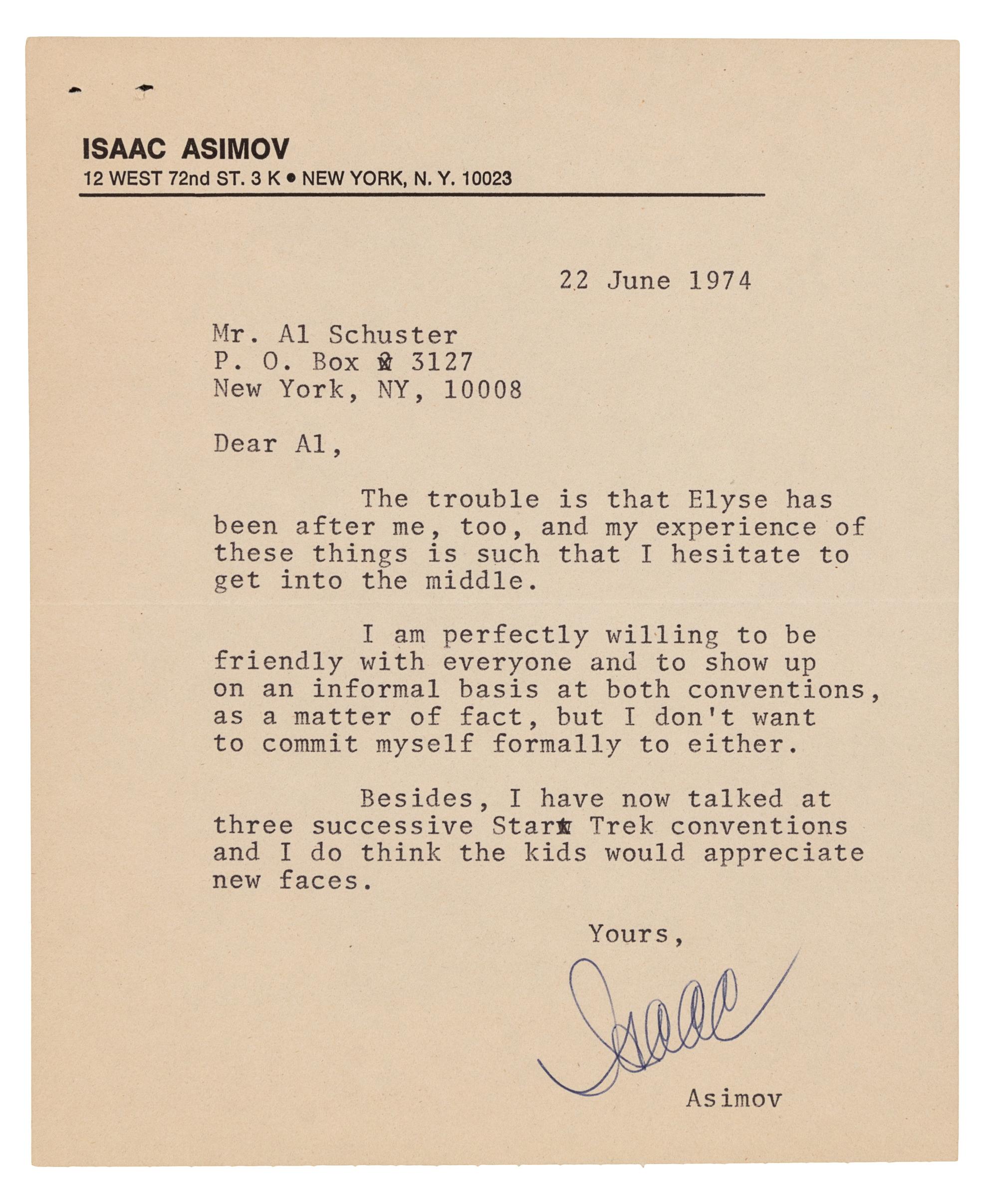 [ASIMOV, Isaac (1920-1992).] 2 autograph letters signed and one document signed by Asimov, comprising: