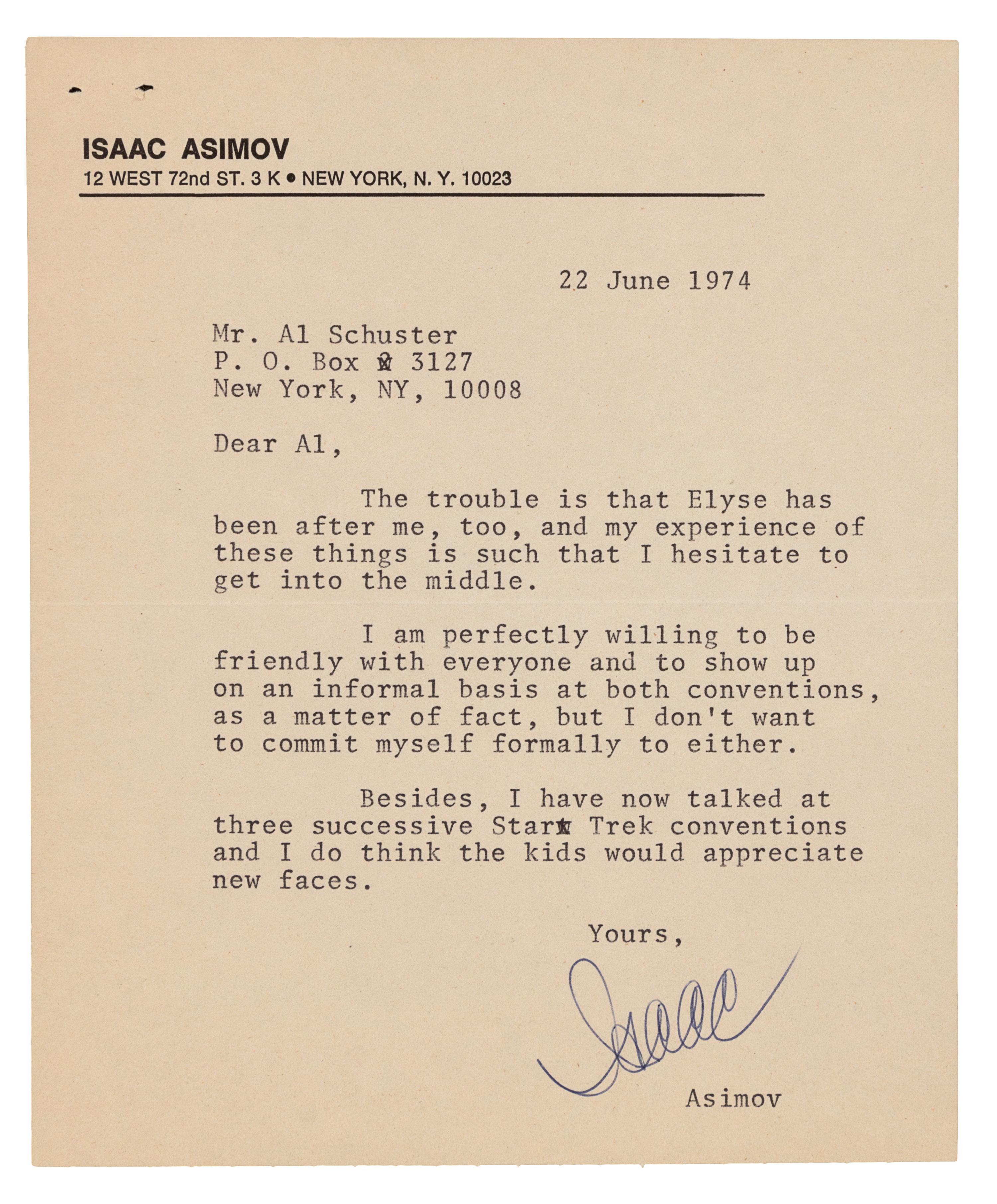 [ASIMOV, Isaac (1920-1992).] 2 autograph letters signed and one document signed by Asimov, comprising: