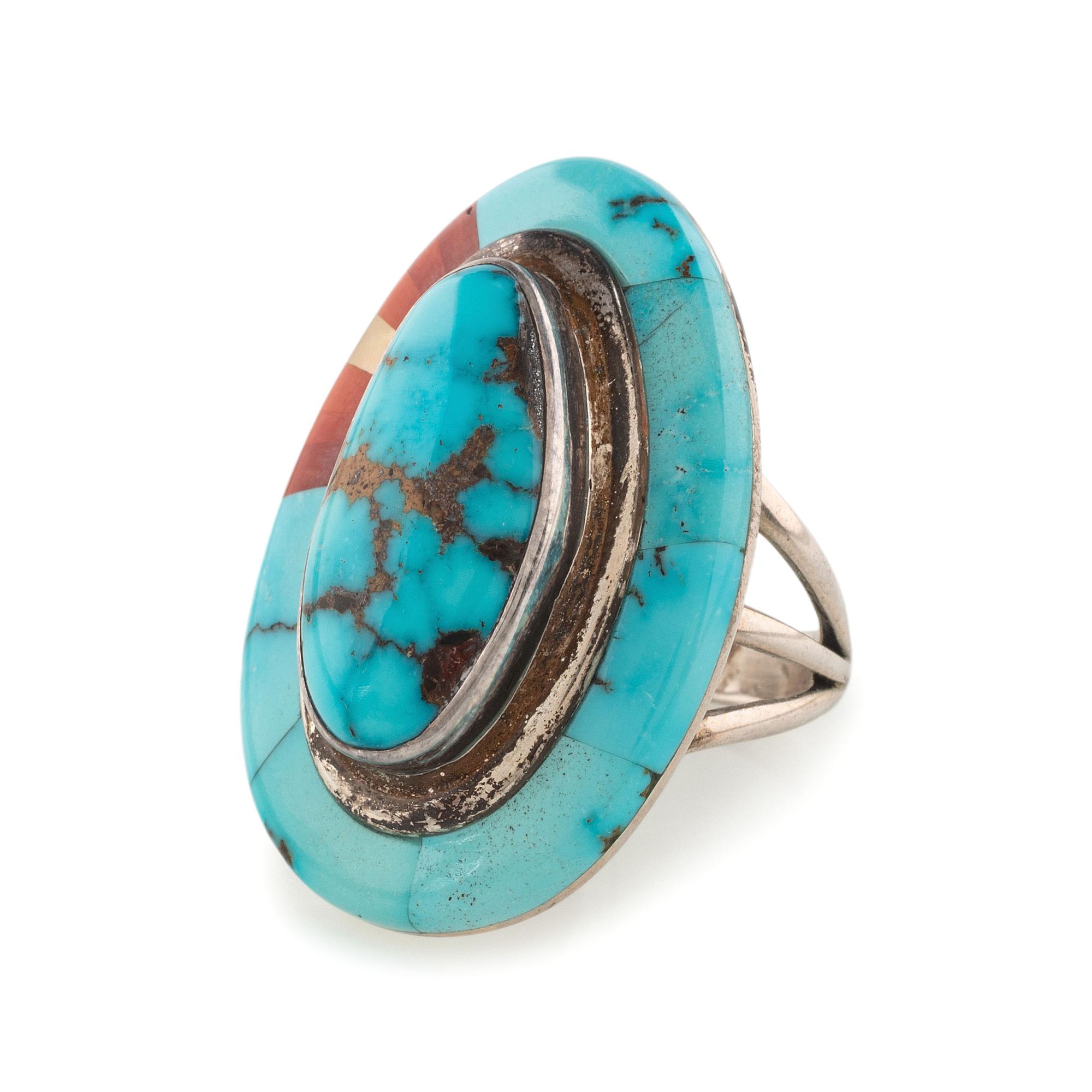 Sterling Silver, Turquoise, Coral, and Shell Ring