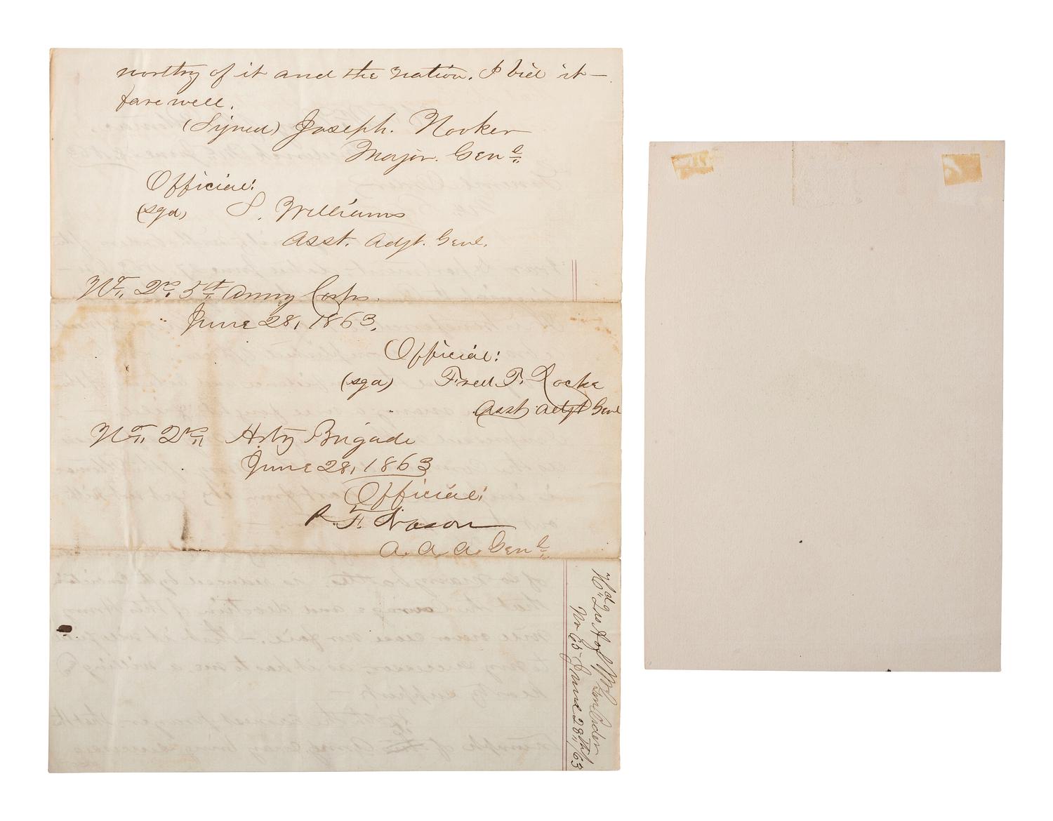 [CIVIL WAR]. Manuscript copy of General Joseph Hooker's General Orders No. 65, in which he turns over command of the Army of the Potomac to General George Meade. Frederick, MD, 28 June 1863.