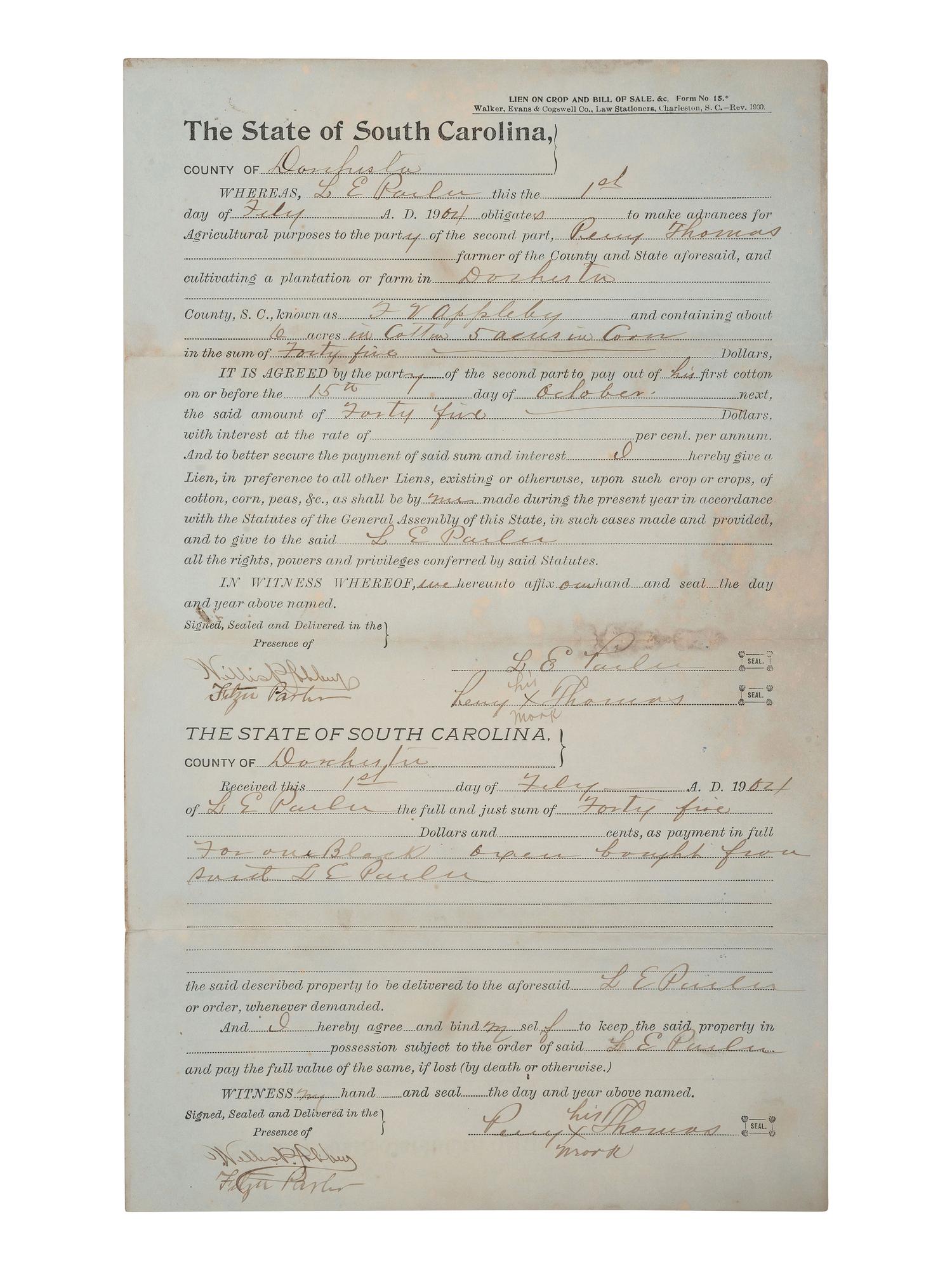 [RECONSTRUCTION]. A pair of crop liens for South Carolina farmers. 1874, 1904.