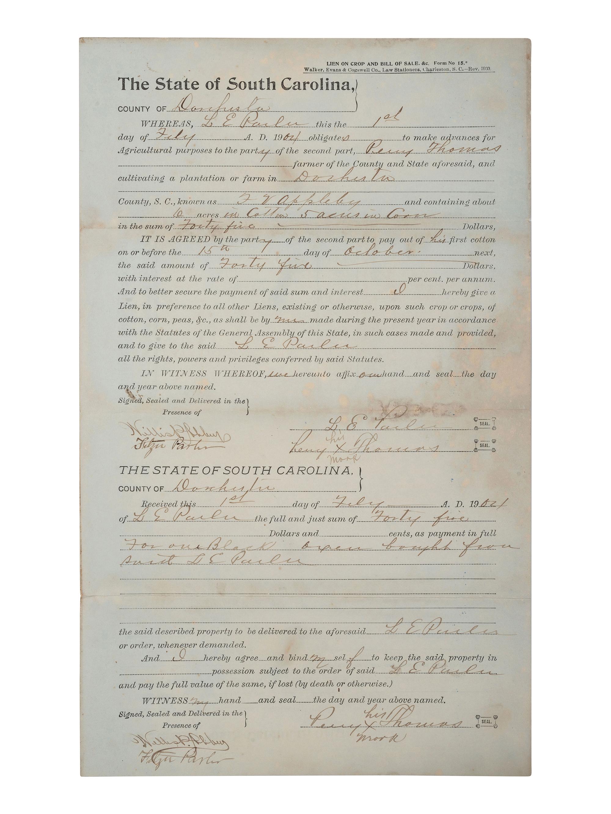 [RECONSTRUCTION]. A pair of crop liens for South Carolina farmers. 1874, 1904.