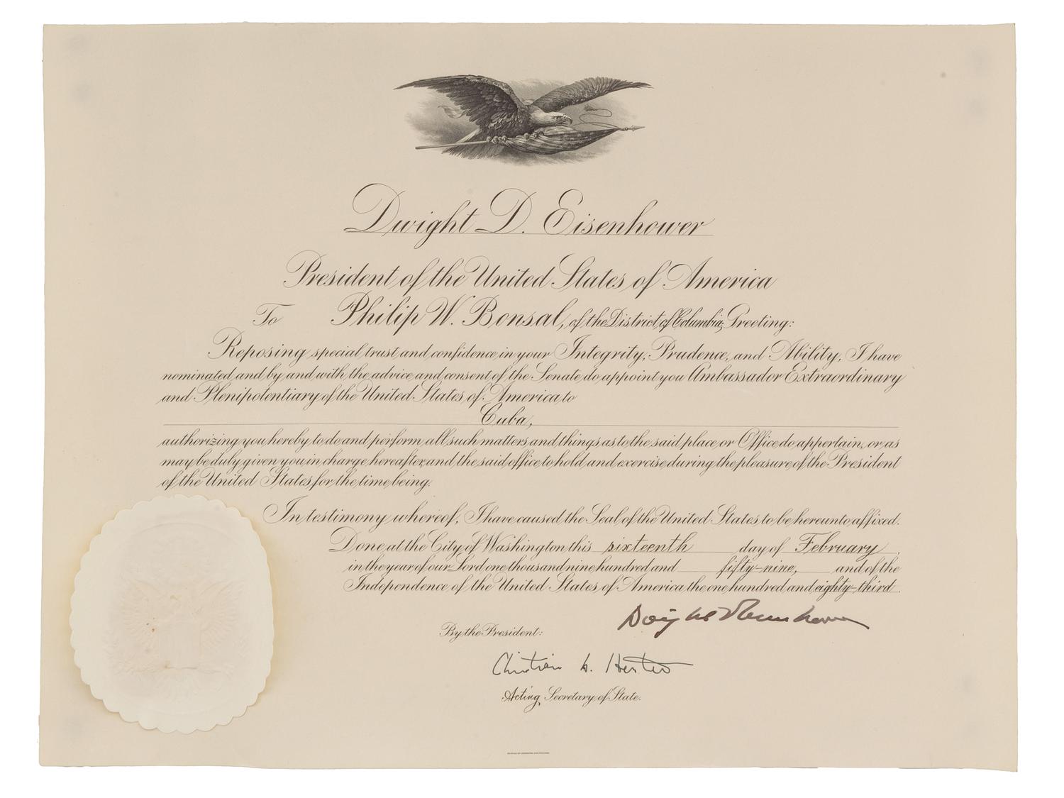 [POLITICS - CUBA]. Archive identified to Philip Bonsal, last US Ambassador to Cuba, incl. presidential appointment signed by EISENHOWER.