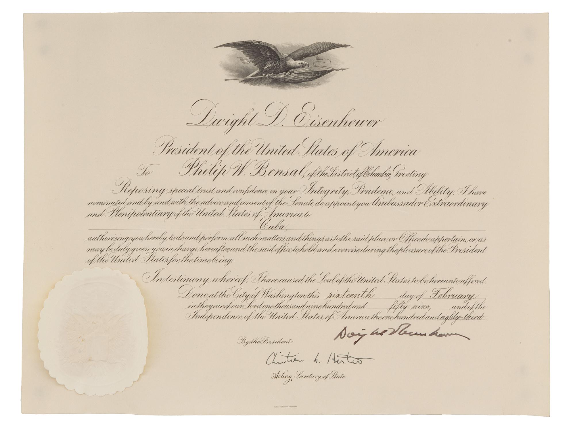 [POLITICS - CUBA]. Archive identified to Philip Bonsal, last US Ambassador to Cuba, incl. presidential appointment signed by EISENHOWER.
