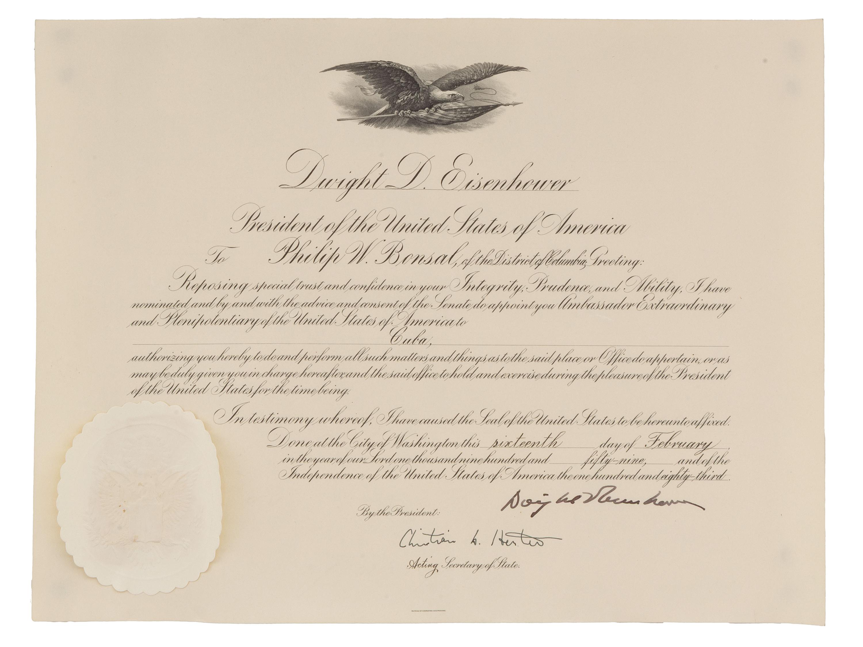 [POLITICS - CUBA]. Archive identified to Philip Bonsal, last US Ambassador to Cuba, incl. presidential appointment signed by EISENHOWER.