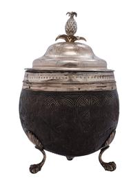 An English Silverplate-Mounted Carved Coconut with Lid