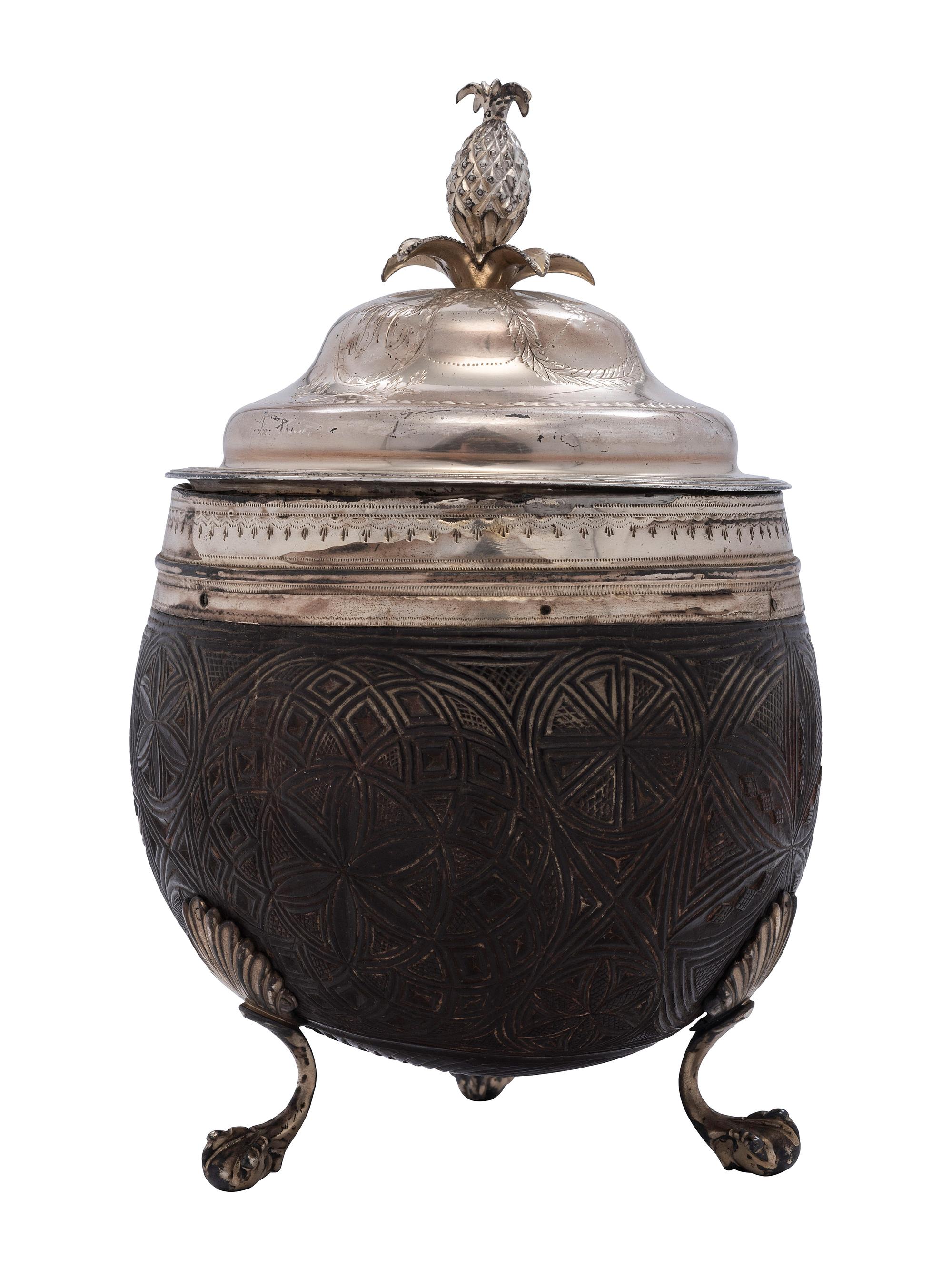 An English Silverplate-Mounted Carved Coconut with Lid