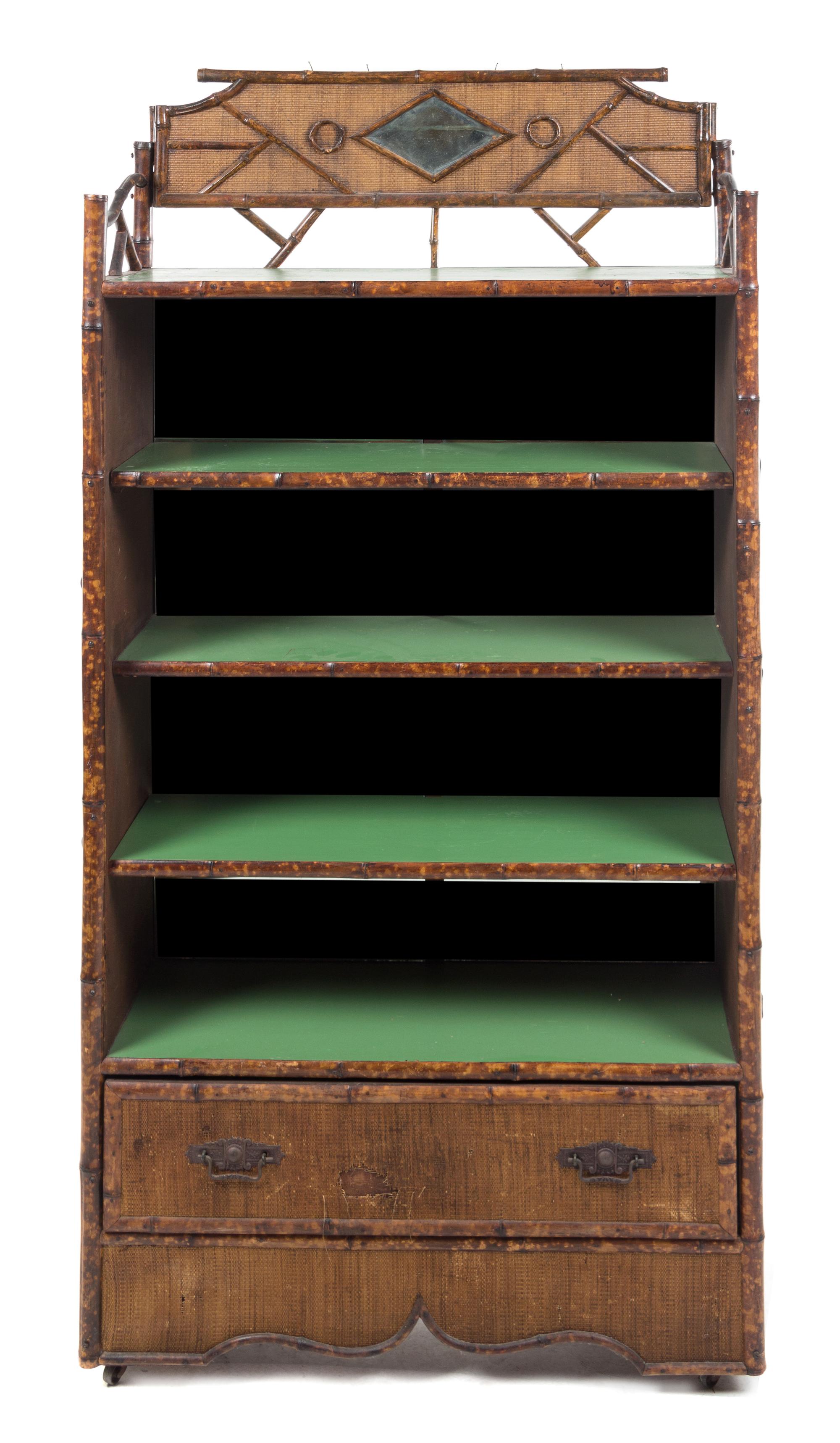 A Victorian Lacquered Bamboo Bookshelf Height 67 x width 33 1/2 x depth 12 1/2 inches. — 19TH CENTURY