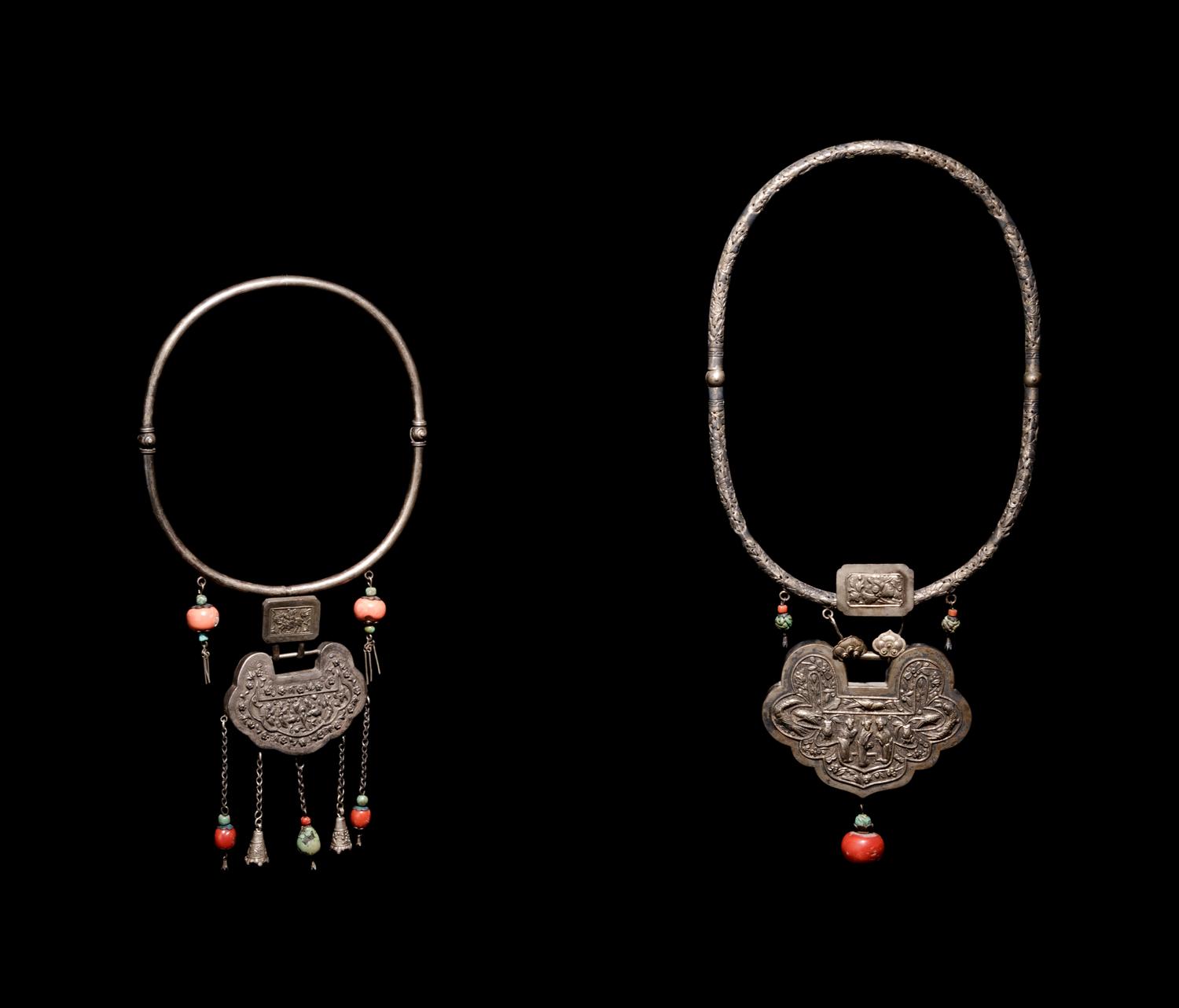 Two Chinese Silver and Coral Necklaces with Ruyi -Lock Form Pendants