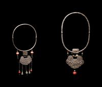 Two Chinese Silver and Coral Necklaces with Ruyi -Lock Form Pendants