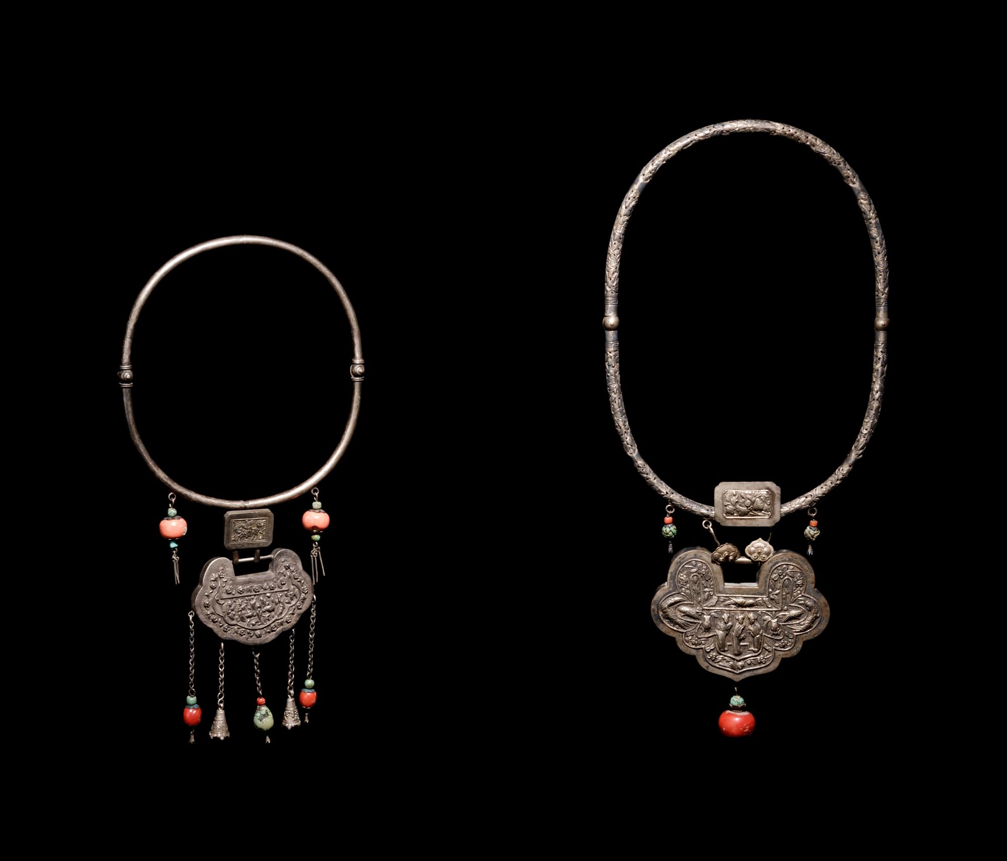 Two Chinese Silver and Coral Necklaces with Ruyi -Lock Form Pendants