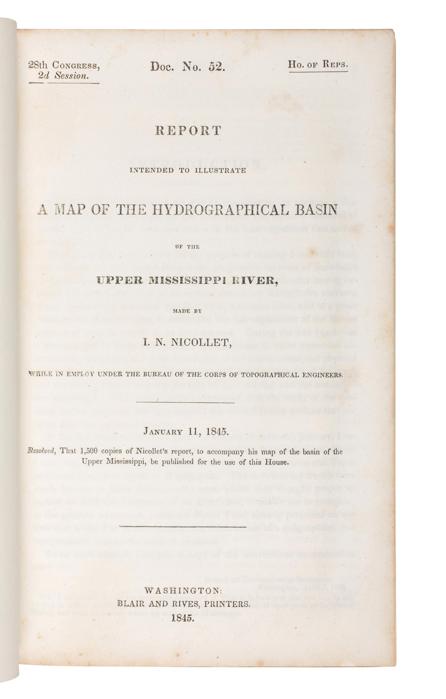 NICOLLET, Jean-Nicholas (1786-1843). Report Intended to Illustrate a Map of the Hydrographical Basin of the Upper Mississippi River. Washington: Blair & Rives, 1845.