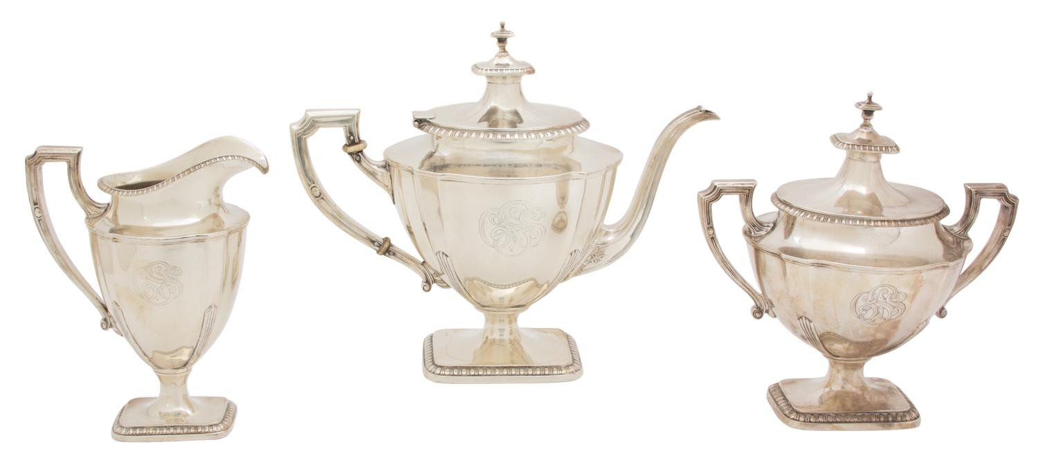 An American Silver Three Piece Tea Service, Reed & Barton, 20th Century, St. George pattern, comprising a teapot, creamer and covered s