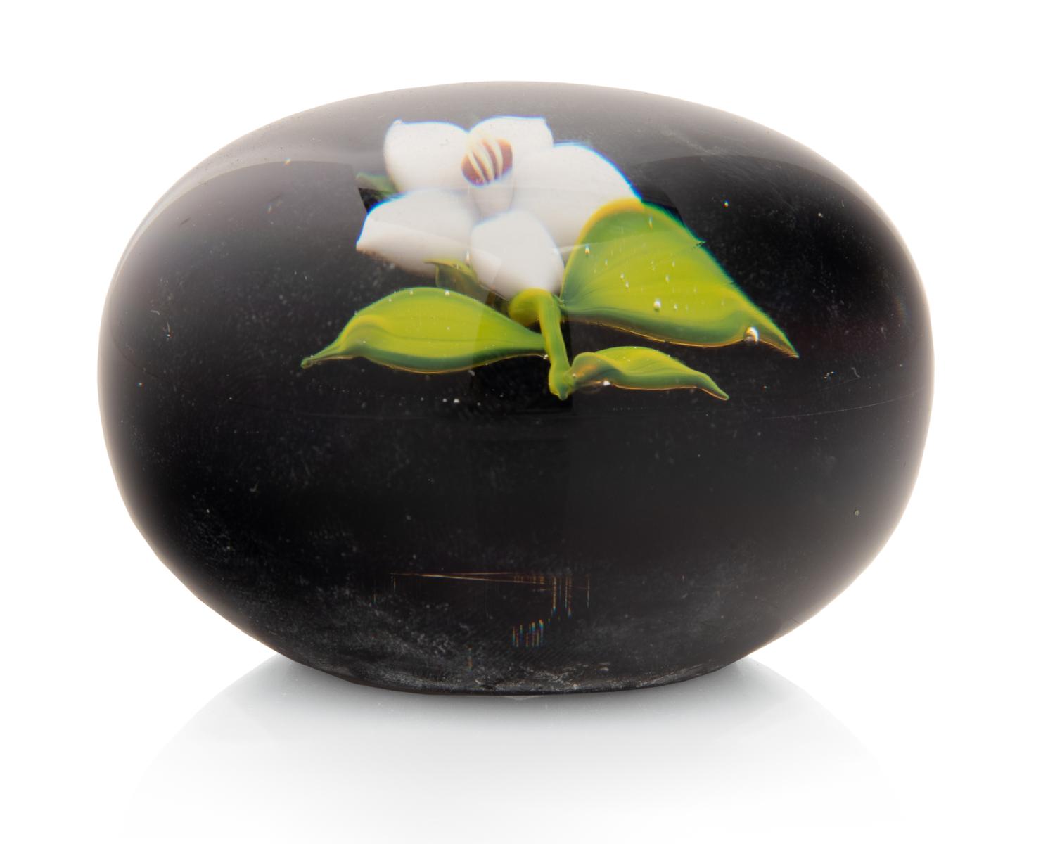 A Paul Stankard White Flower on Opaque Ground Glass Paperweight