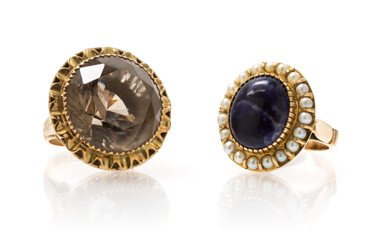 A Collection of 14 Karat Yellow Gold, Smoky Quartz, Sodalite and Seed Pearl Rings, 16.10 dwts.