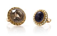 A Collection of 14 Karat Yellow Gold, Smoky Quartz, Sodalite and Seed Pearl Rings, 16.10 dwts.