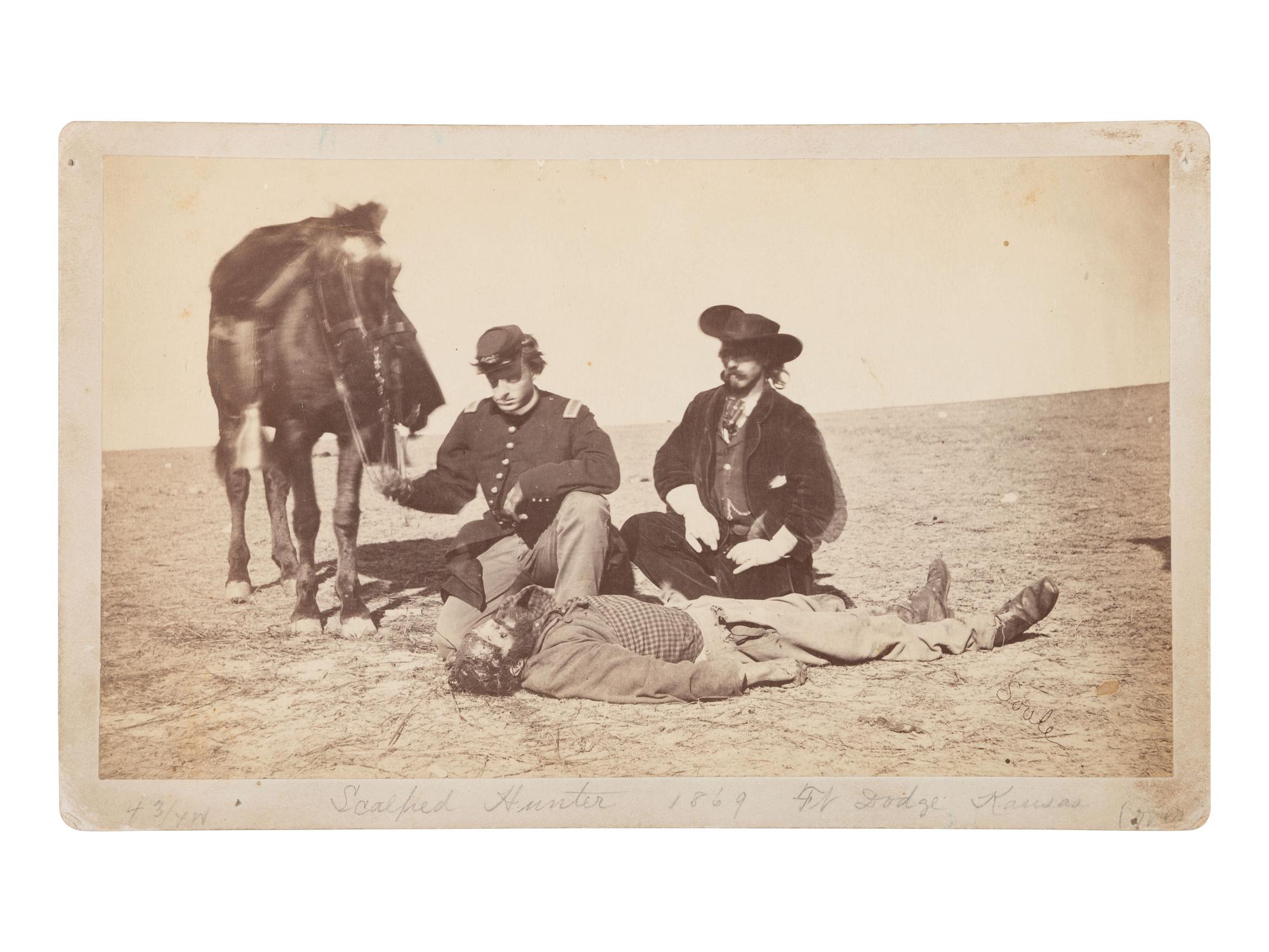 SOULE, William S. (1836-1908), photographer. Boudoir photograph of Ralph Morrison, scalped hunter near Fort Dodge, Kansas, 1868.