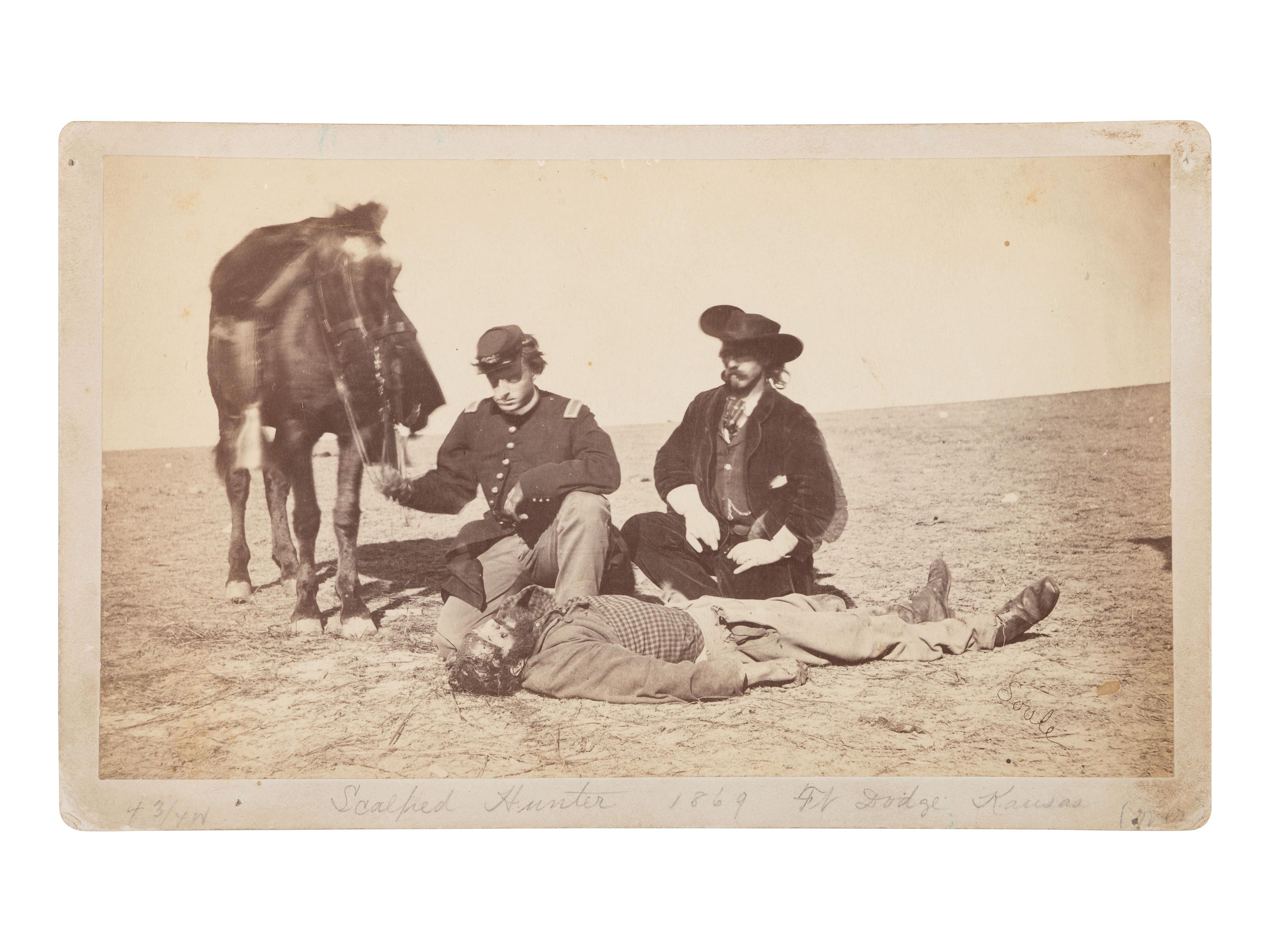 SOULE, William S. (1836-1908), photographer. Boudoir photograph of Ralph Morrison, scalped hunter near Fort Dodge, Kansas, 1868.