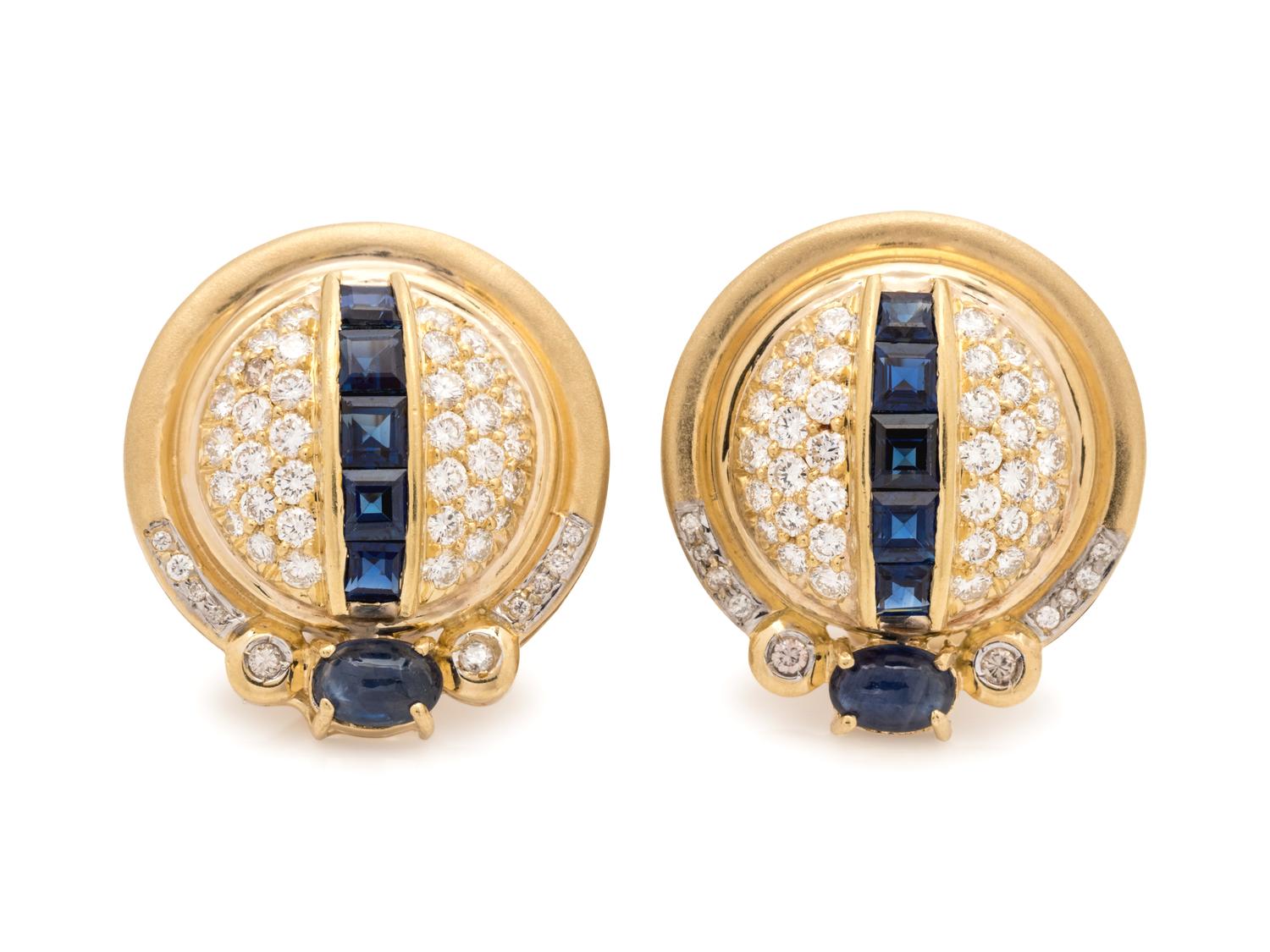 A Pair of 18 Karat Yellow Gold, Sapphire and Diamond Earclips,