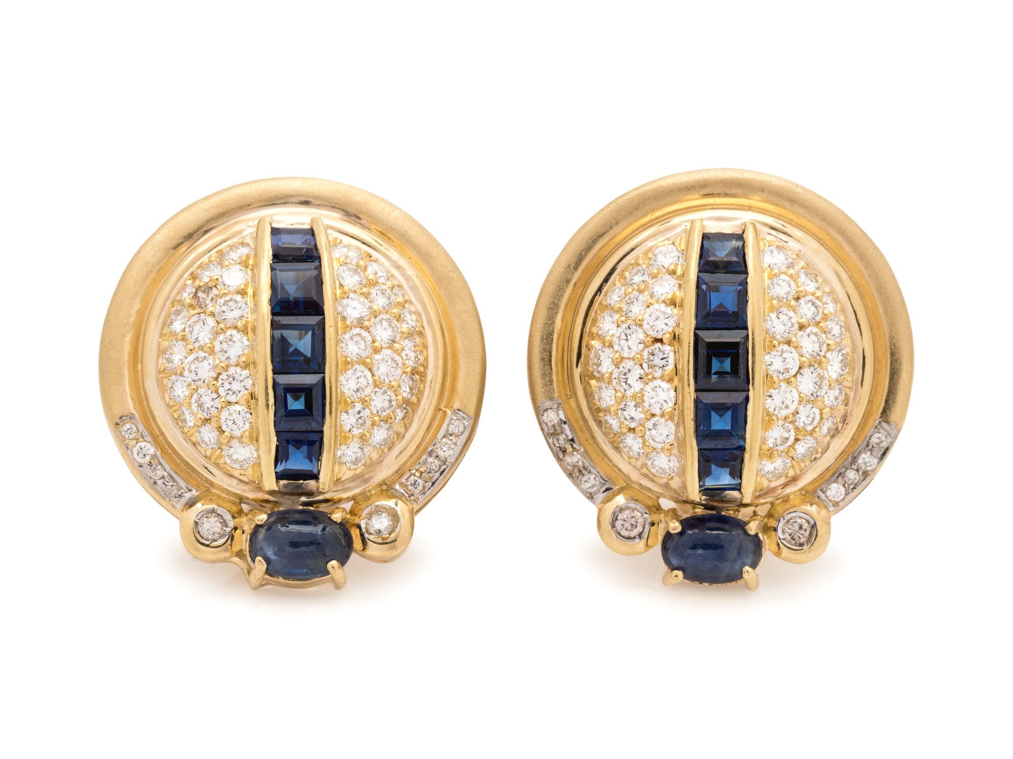 A Pair of 18 Karat Yellow Gold, Sapphire and Diamond Earclips,