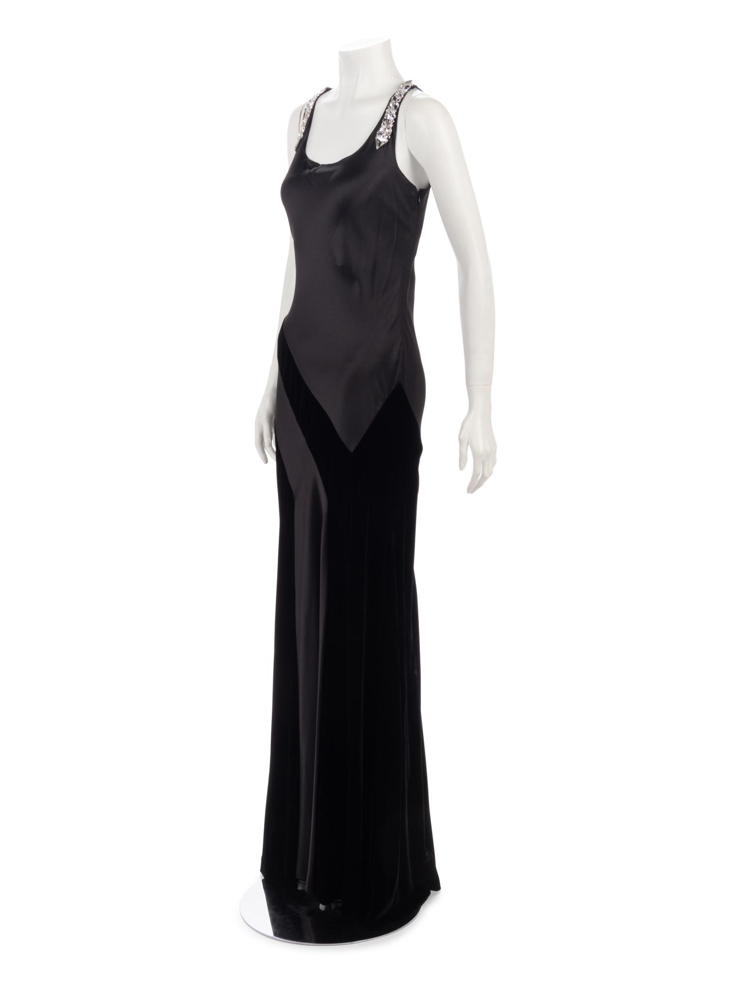 Oscar de la Renta Satin and Velvet Evening Dress with Rhinestone Straps