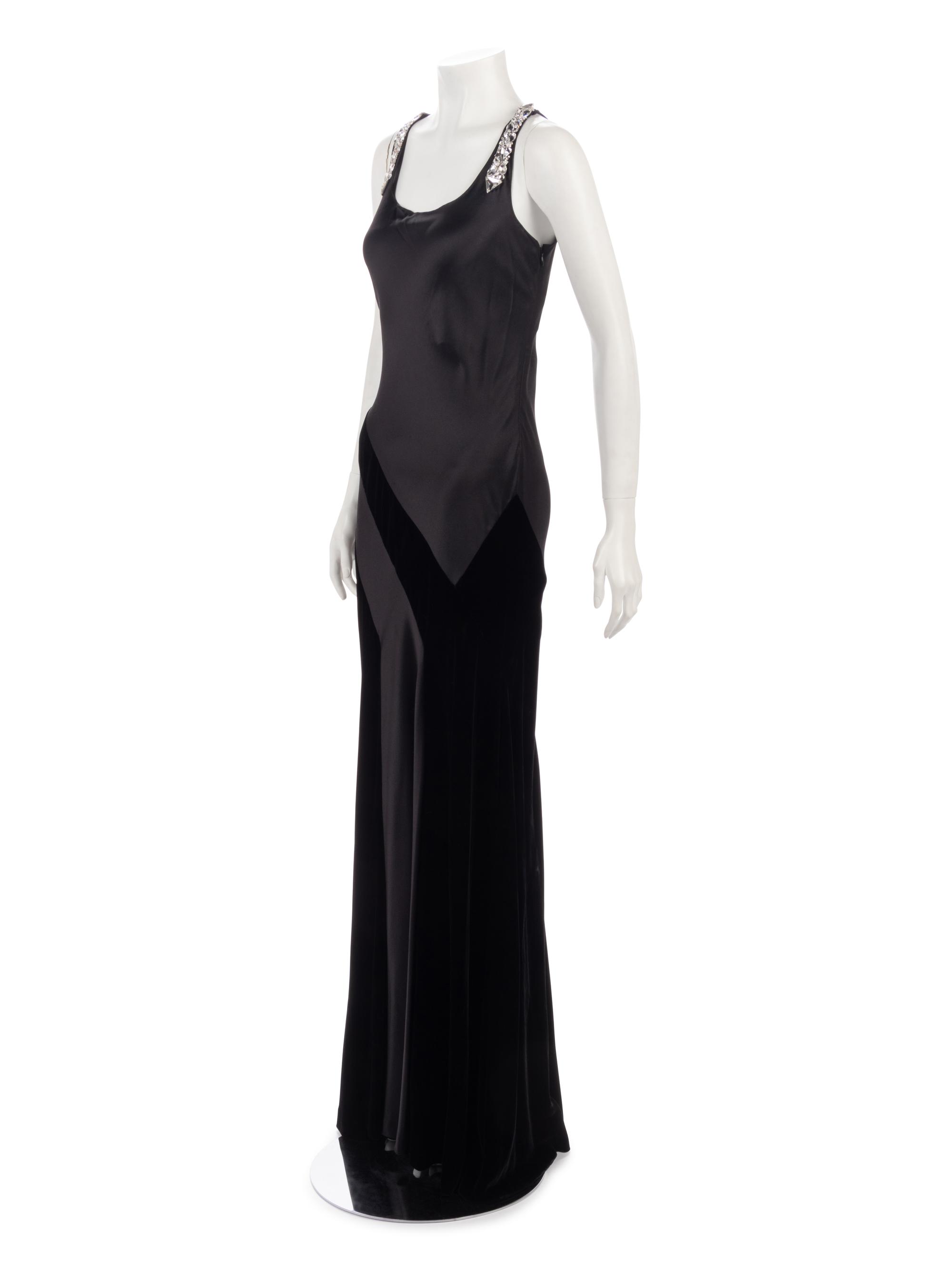 Oscar de la Renta Satin and Velvet Evening Dress with Rhinestone Straps