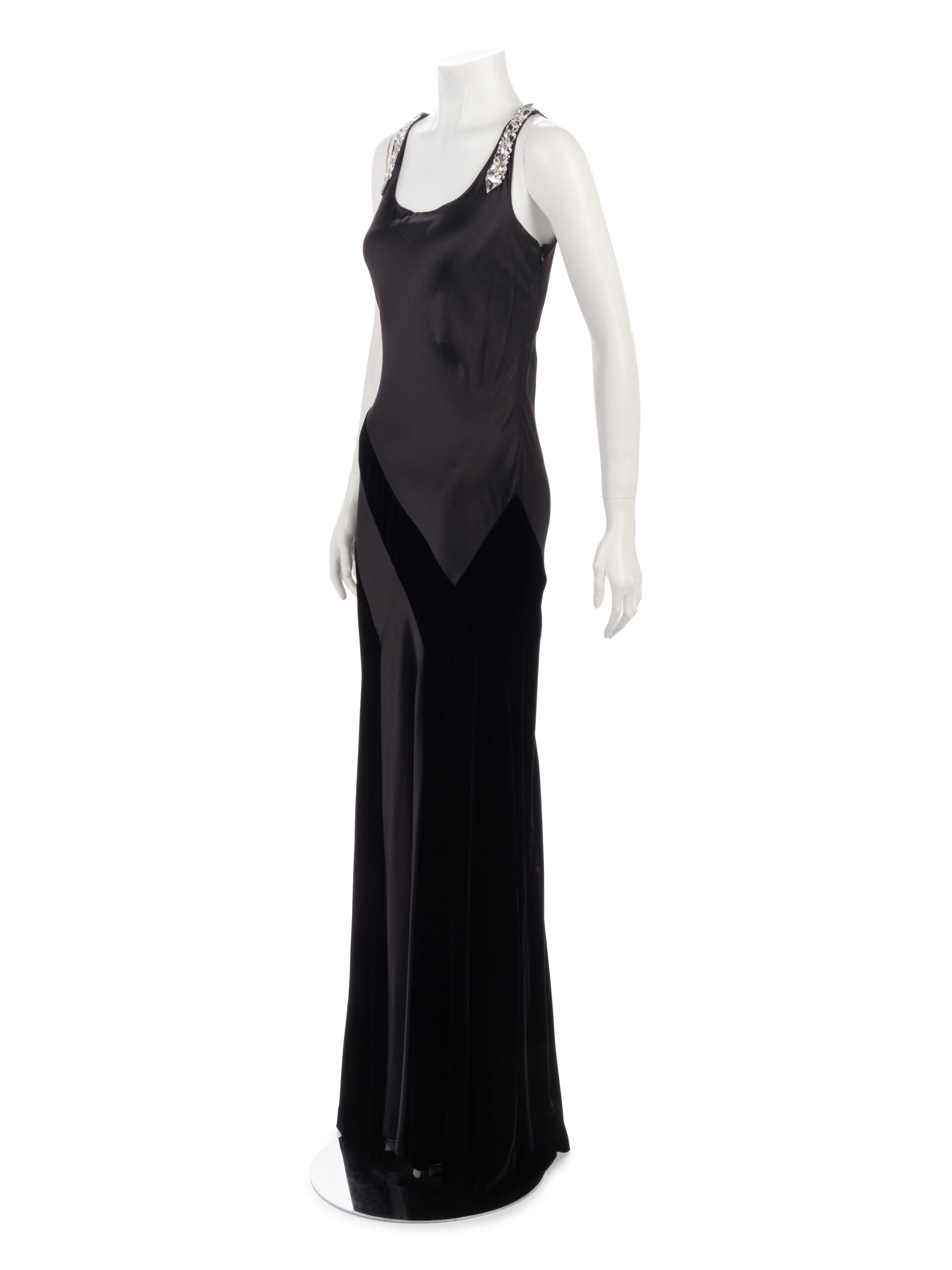 Oscar de la Renta Satin and Velvet Evening Dress with Rhinestone Straps