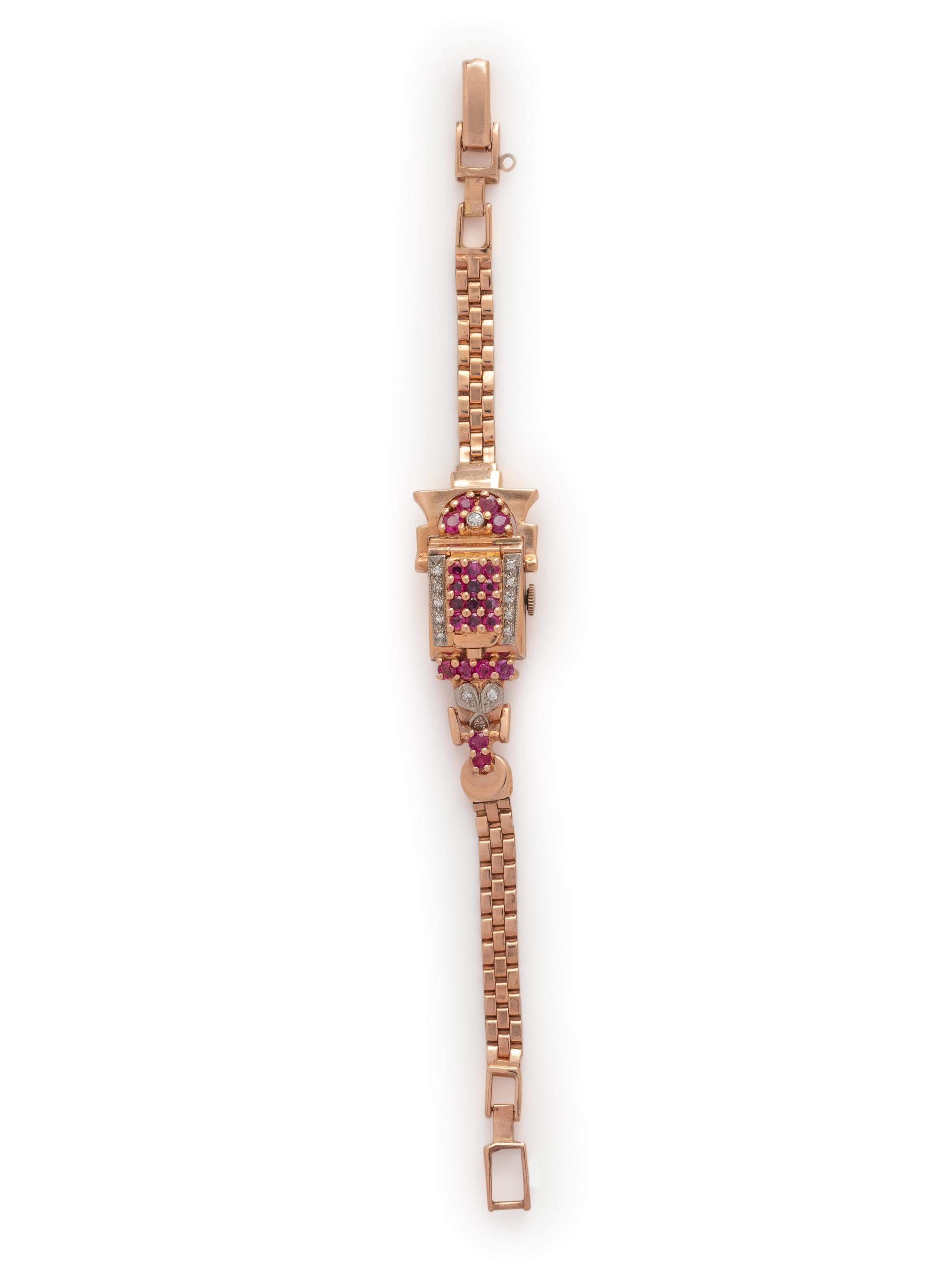 RETRO, 14K PINK GOLD, RUBY AND DIAMOND SURPRISE WRISTWATCH