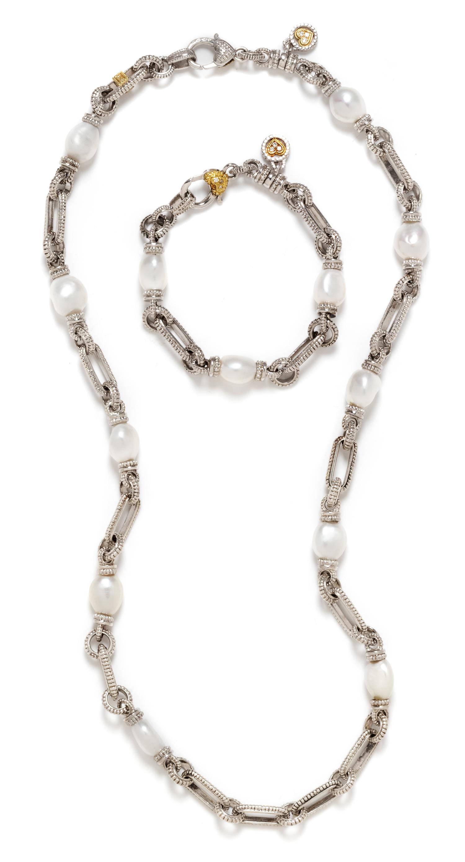 A Sterling Silver, 18 Karat Yellow Gold, Cultured Pearl and Diamond Demi-Parure, Judith Ripka, 83.90 dwts.