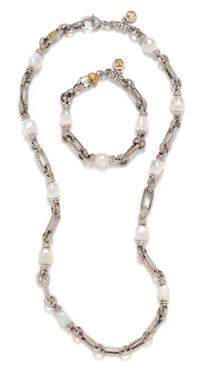 A Sterling Silver, 18 Karat Yellow Gold, Cultured Pearl and Diamond Demi-Parure, Judith Ripka, 83.90 dwts.
