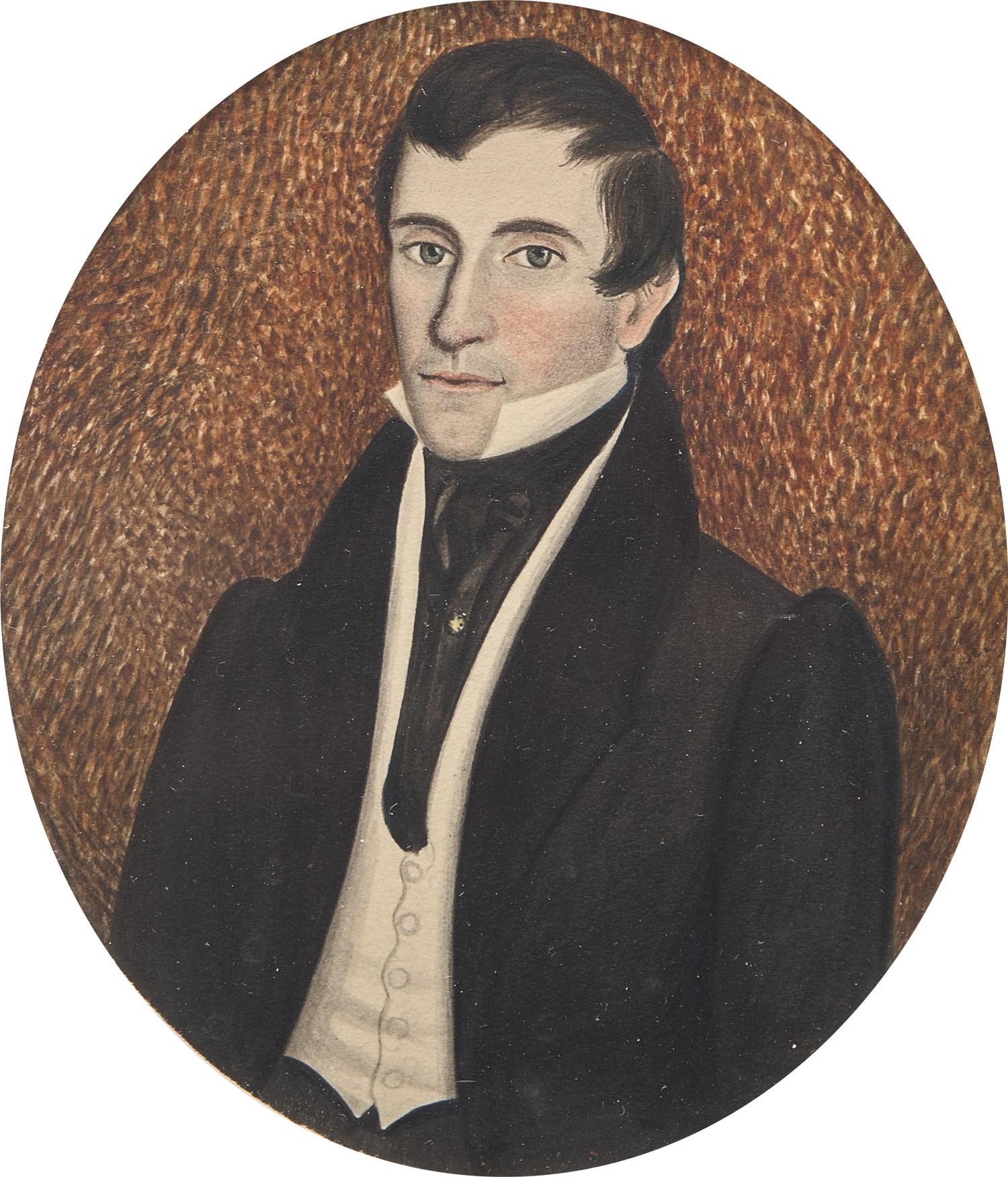 American School 19th Century, A Pair of Portrait Miniatures Depicting a Lady and a Gentleman , Circa 1830