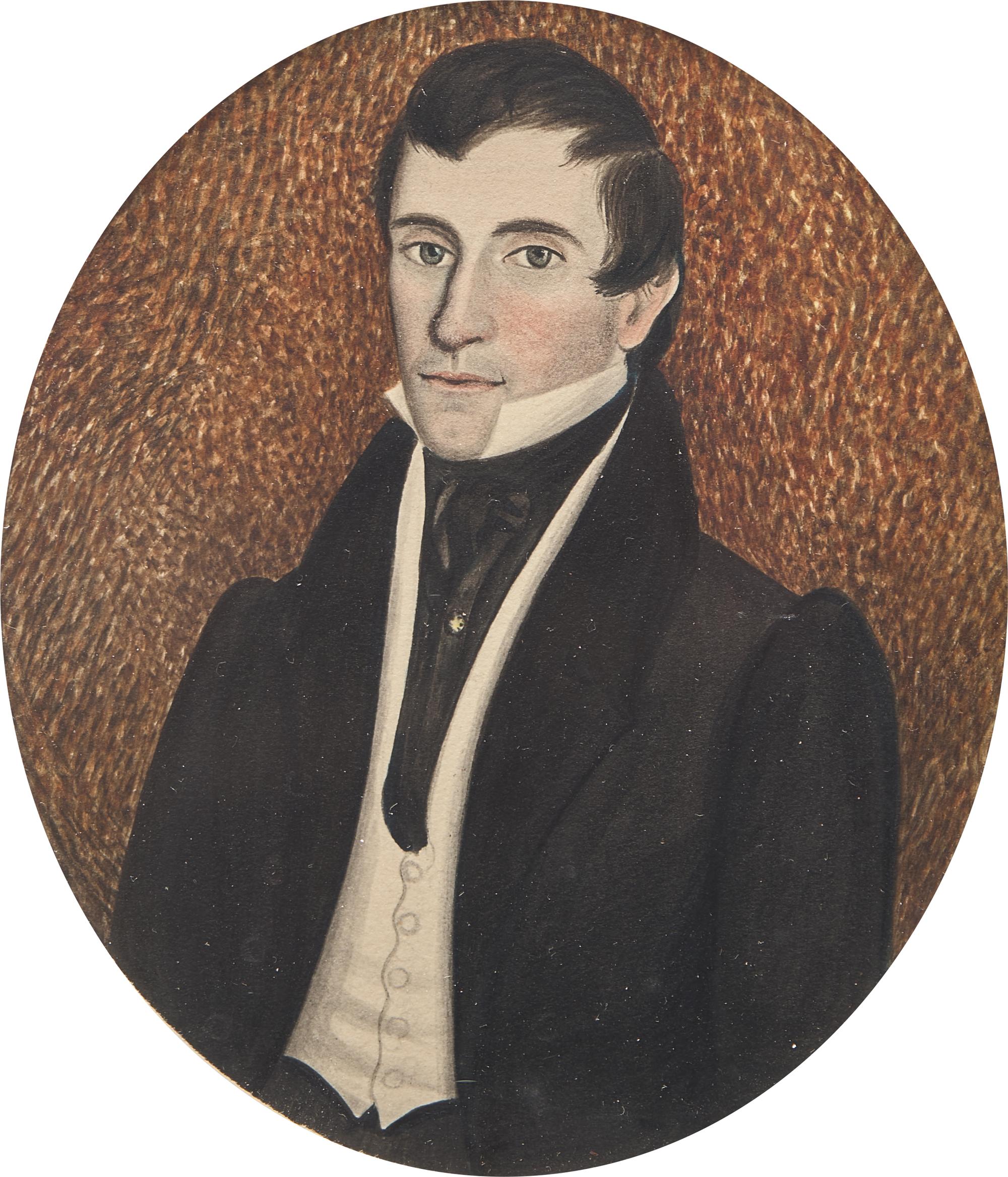 American School 19th Century, A Pair of Portrait Miniatures Depicting a Lady and a Gentleman , Circa 1830